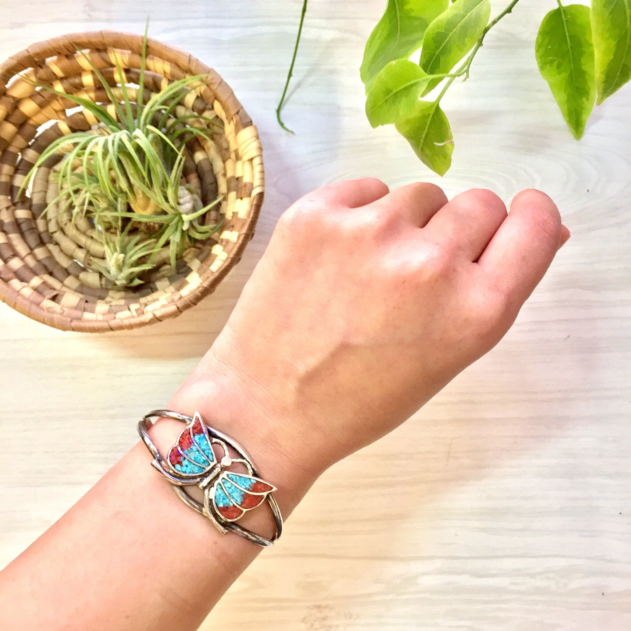 Sterling Silver Butterfly Cuff Bracelet with Inlaid Turquoise and Coral | Vintage Silver Bracelet | Butterfly Jewelry | Inlaid Stones | Gift