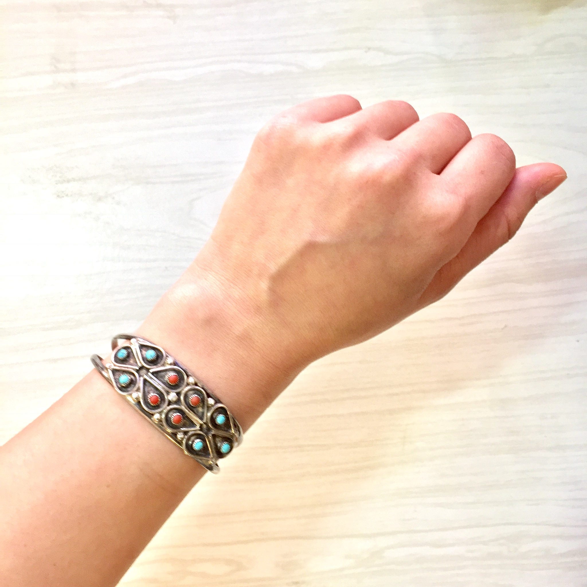 Vintage Navajo Sterling Silver Cuff Bracelet with Turquoise and Coral Stones | Vintage Silver Bracelet | Cuff Bracelet | Gift for Her |