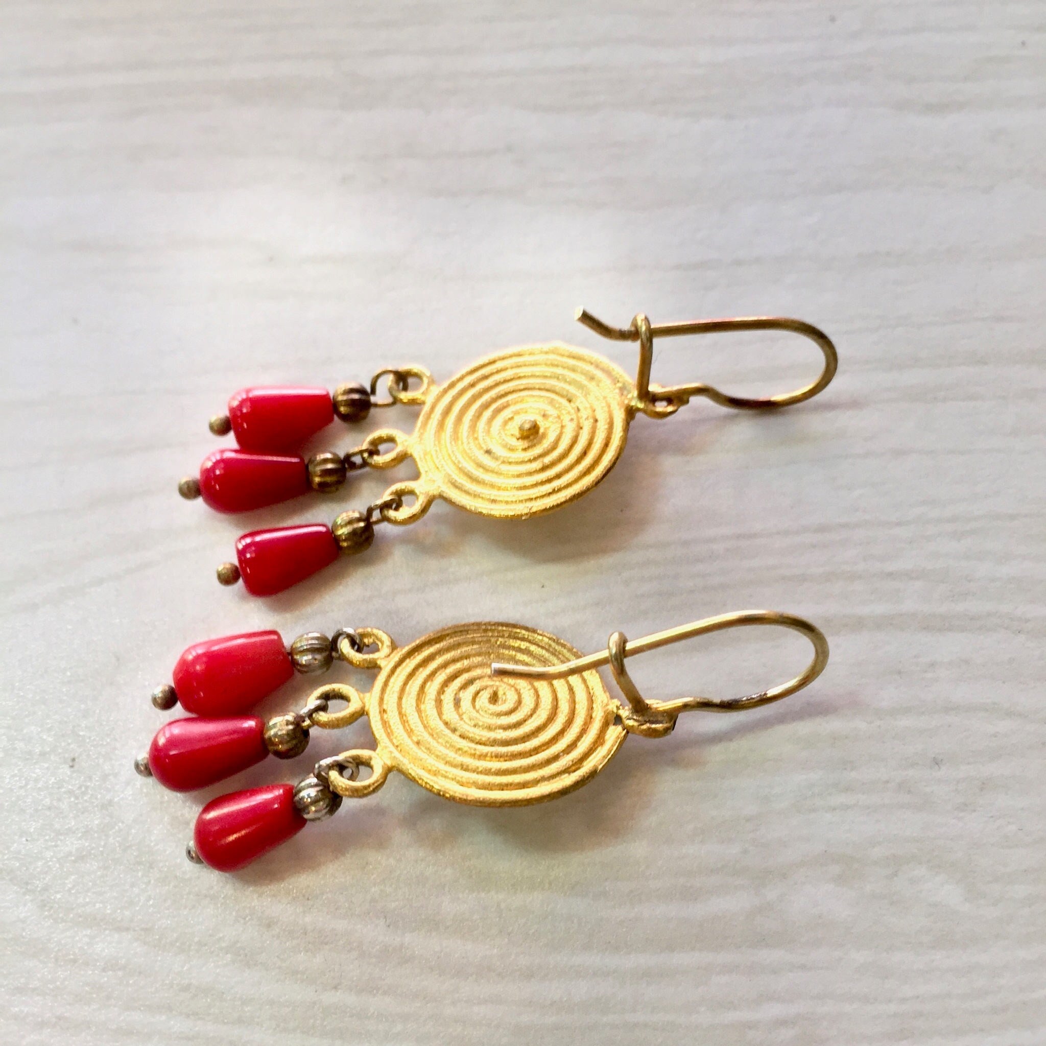 Vintage Gold Tone Earrings | Gold and Turquoise Earrings | Red Beads | Vintage Earrings | Gold Tone | Swirl Earrings | Turquoise Beads