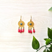 Vintage Gold Tone Earrings | Gold and Turquoise Earrings | Red Beads | Vintage Earrings | Gold Tone | Swirl Earrings | Turquoise Beads