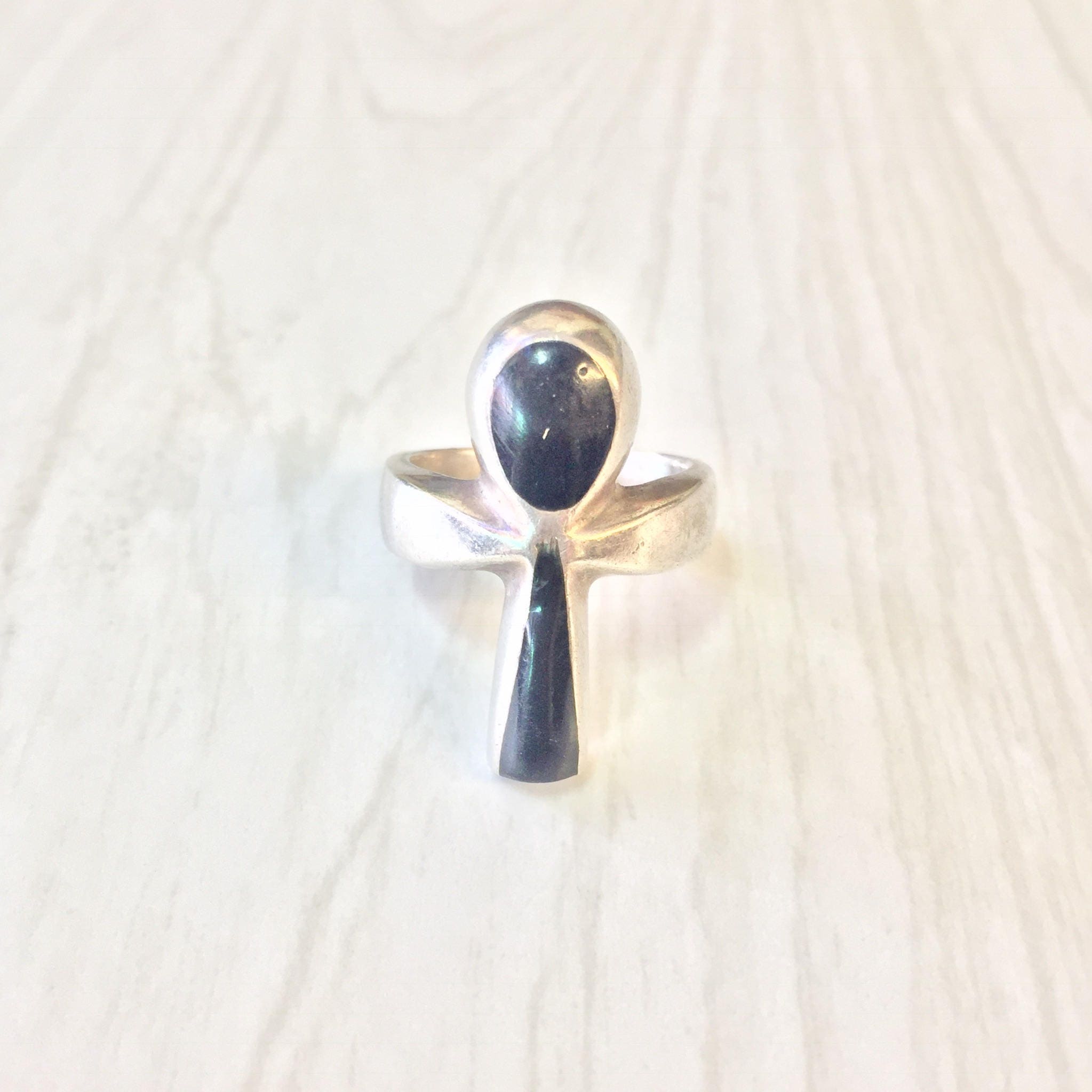 Vintage Sterling Silver Ankh Ring with Black Onyx | Egyptian Jewelry | Statement Ring | Ankh Jewelry | Holiday Gift Idea | Black Ring |