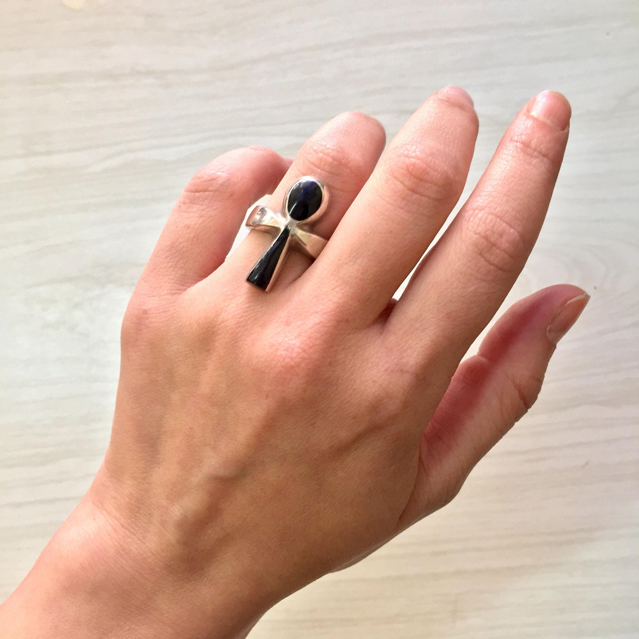 Vintage Sterling Silver Ankh Ring with Black Onyx | Egyptian Jewelry | Statement Ring | Ankh Jewelry | Holiday Gift Idea | Black Ring |