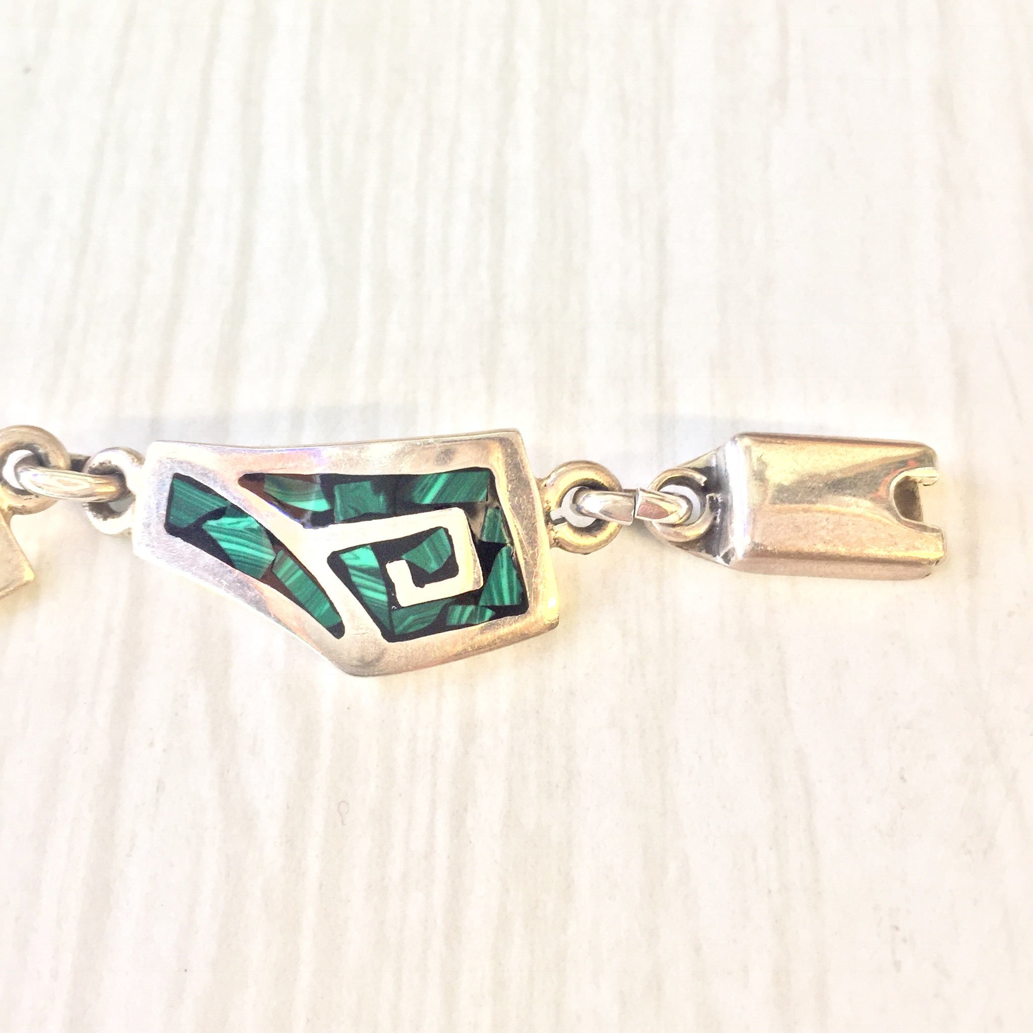 Vintage Sterling Silver Link Bracelet with Green Malachite Stones | Green Bracelet | Inlaid Malachite Gemstone | Vintage Jewelry | Gift