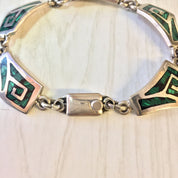 Vintage Sterling Silver Link Bracelet with Green Malachite Stones | Green Bracelet | Inlaid Malachite Gemstone | Vintage Jewelry | Gift