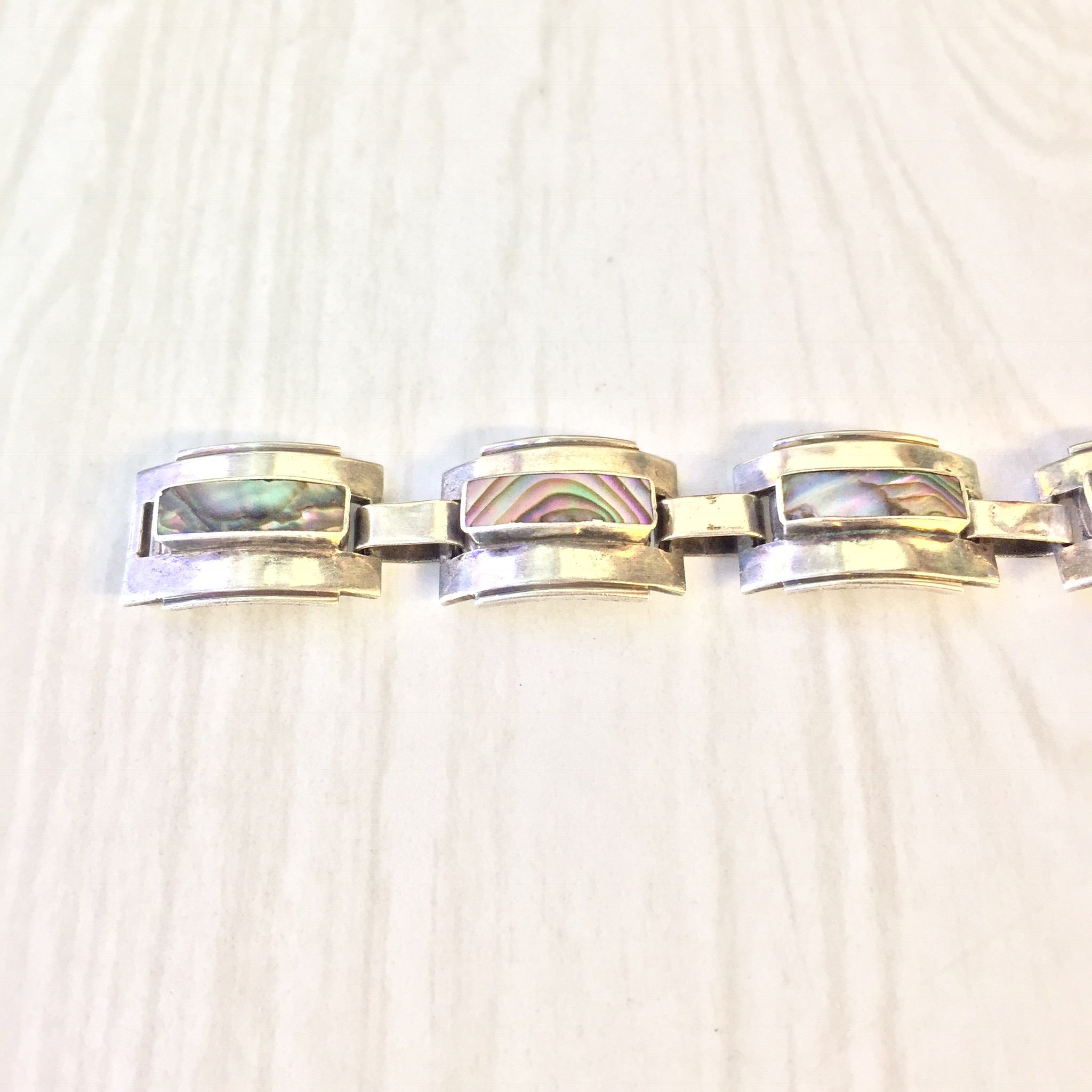 Vintage Sterling Silver and Abalone Link Bracelet | Abalone Shell | Inlaid Abalone Bracelet | Gift for Mom | Vintage Jewelry | Silver |