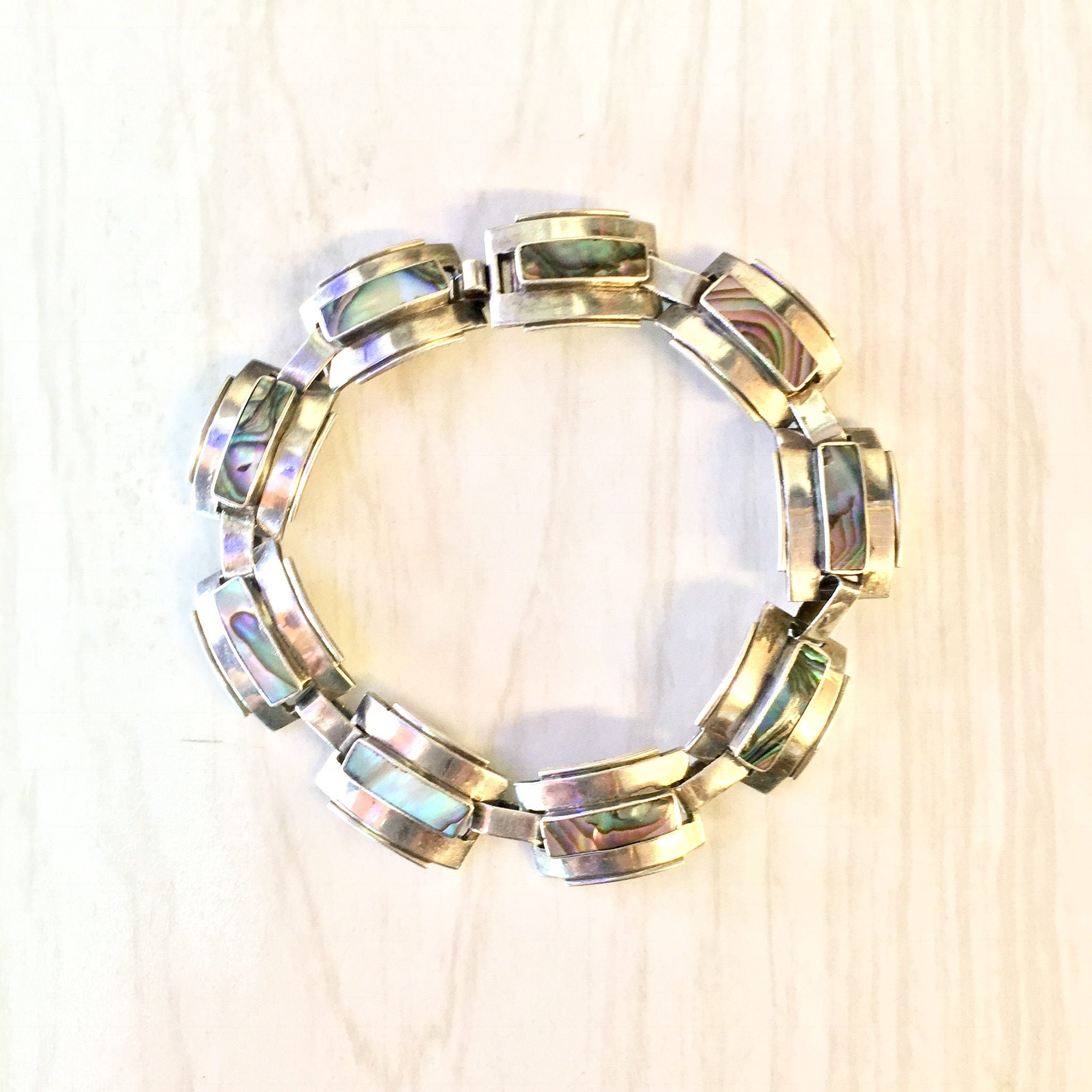 Vintage Sterling Silver and Abalone Link Bracelet | Abalone Shell | Inlaid Abalone Bracelet | Gift for Mom | Vintage Jewelry | Silver |