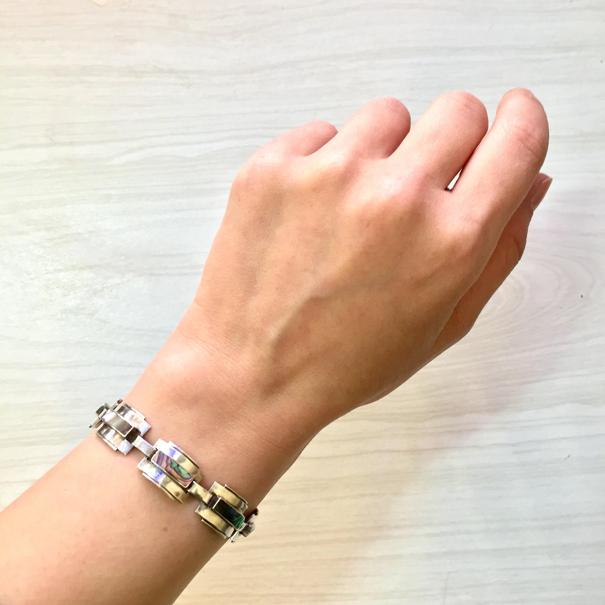 Vintage Sterling Silver and Abalone Link Bracelet | Abalone Shell | Inlaid Abalone Bracelet | Gift for Mom | Vintage Jewelry | Silver |