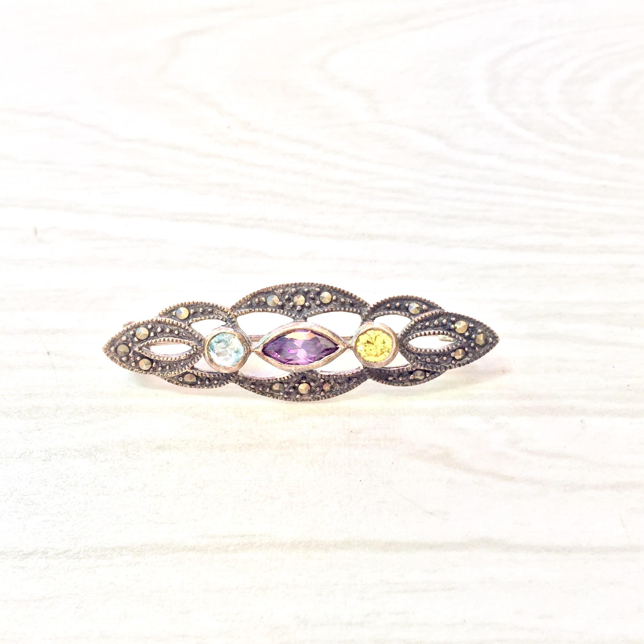 Vintage Sterling Silver Brooch | Marcasite Brooch | Gemstone Pin | Vinage Jewelry | Amethyst | Citrine | Aquamarine | Vintage Brooch | Pin