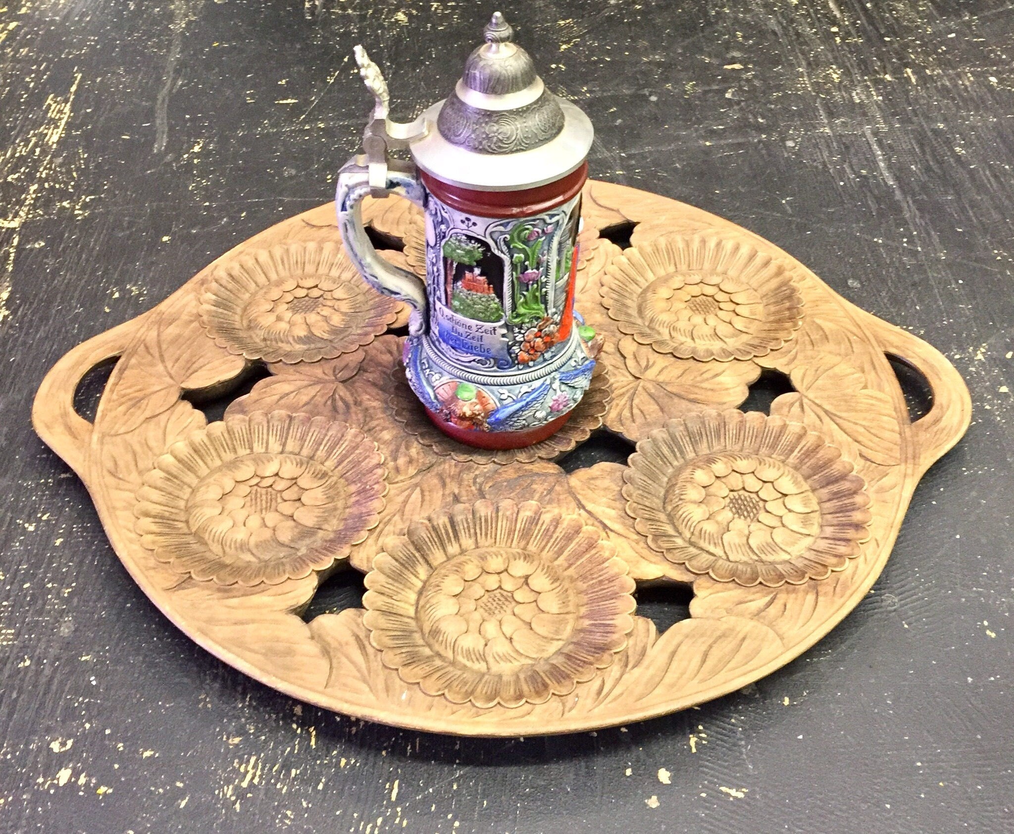 Floral Wood Carved Tray | German Beer Stein Tray | Antique German | Vintage Home Decor | Bar Decor | Wooden Serving Tray |