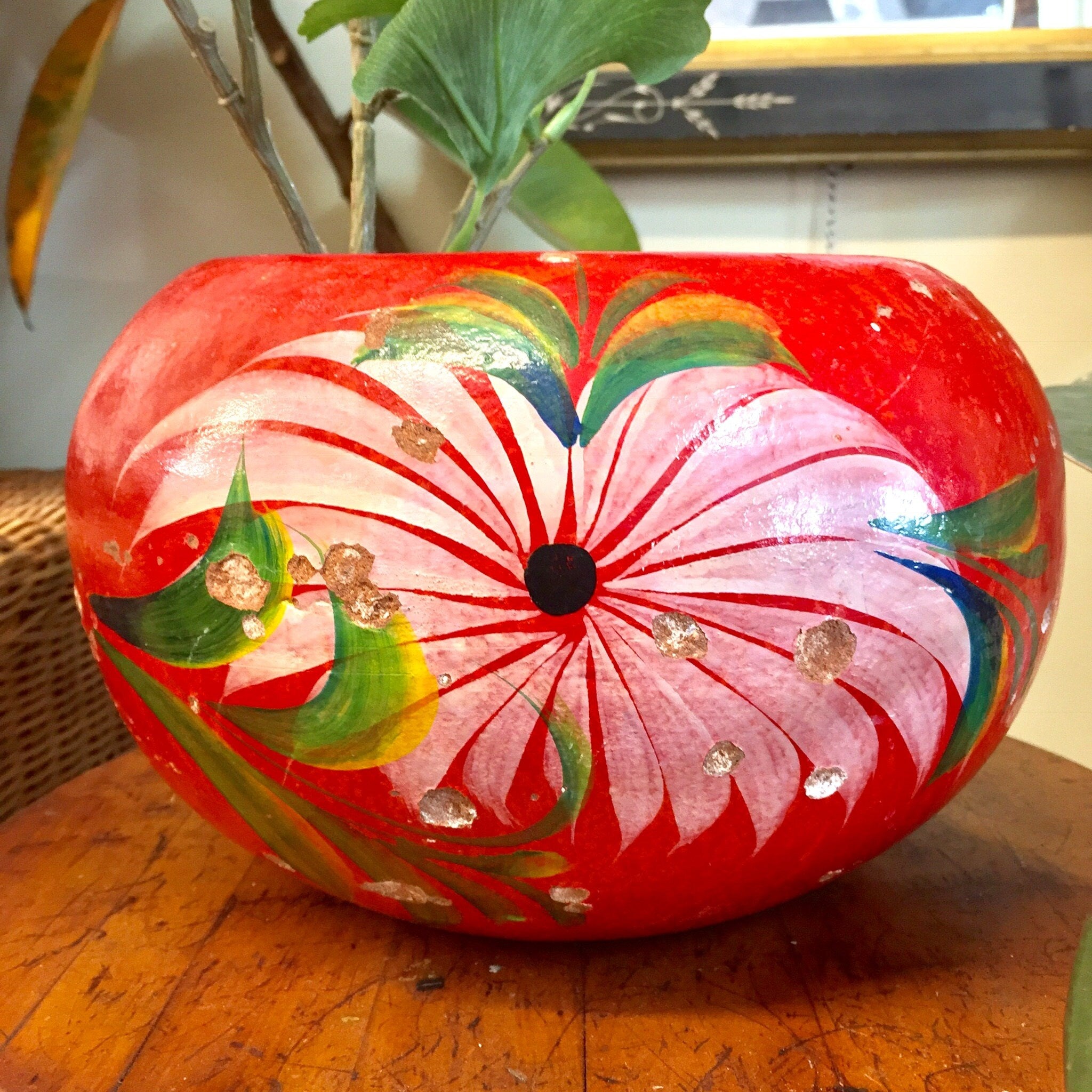 Vintage Handmade Pottery | Hand Painted Mexican Pottery | Red Planter | Floral Design | Painted Pot | Bright Floral Design | Home Decor |