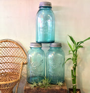 Set of three antique blue Ball Mason jars with zinc lids on wooden surface with wicker chair and plants in background