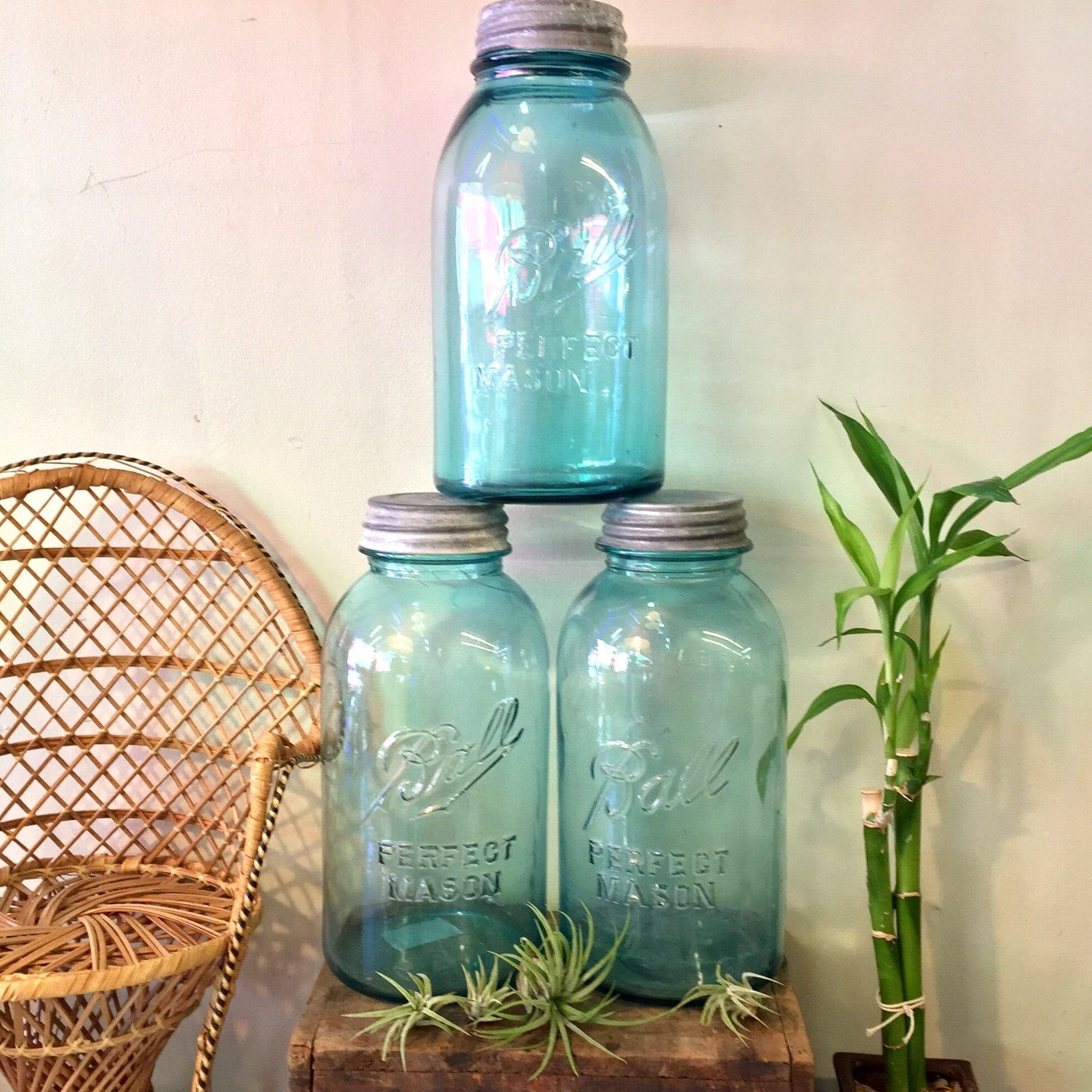Set of Three Blue Ball Mason Jars with Zinc Lid | Canning Jars | Zinc Lids | Antique Canning Jars | Blue Glass | Hand Blown | Mason Jars