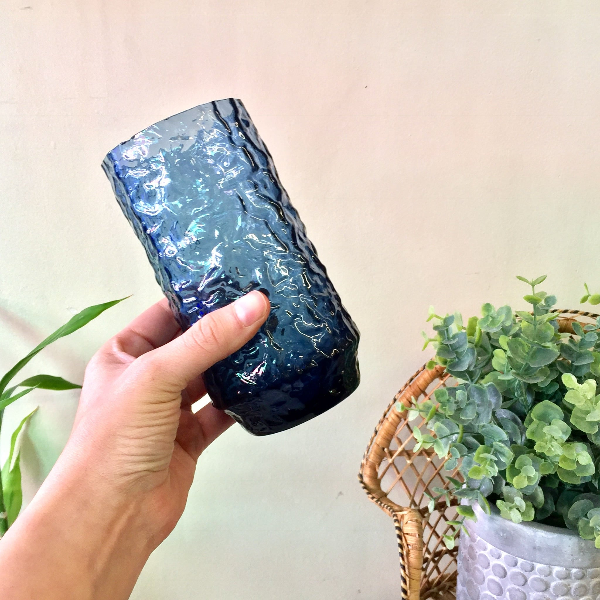 Pair of Two Vintage 1970's Lenox Crystal Impromptu Blue Tumbler Glasses | Blue Lenox Glasses | Hand Blown Glass | Textured Glass | Kitchen