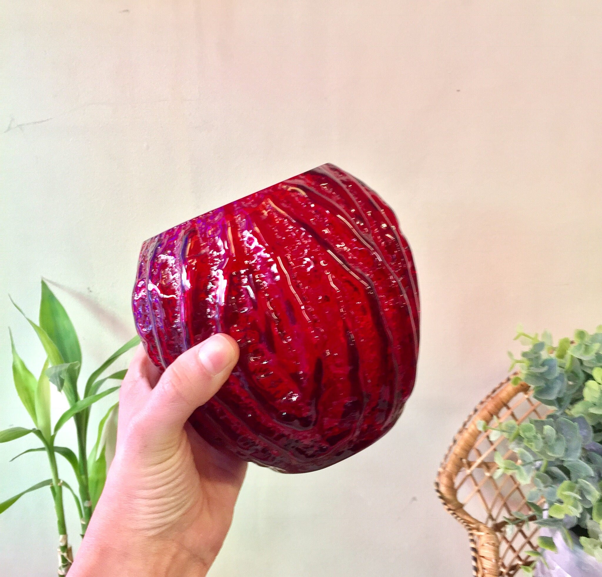 Vintage Red Glass Planter | Red Vase | Round Planter | Hand Blown Glass | Textured Glass | Vintage Home Decor | Boho Home | Bohemian Decor