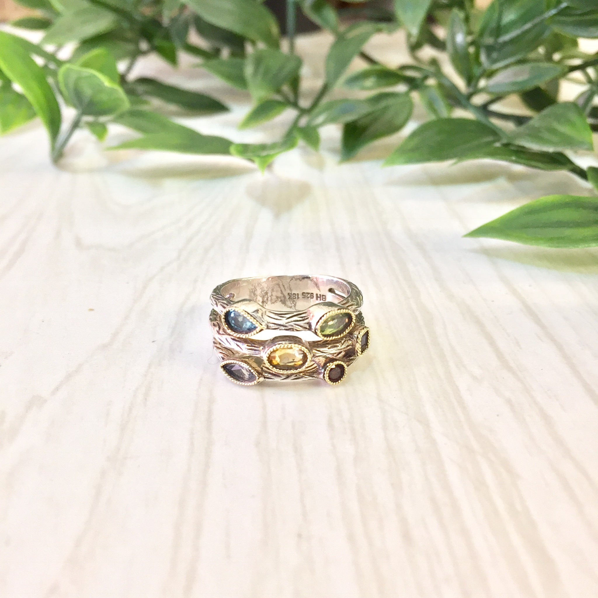 Vintage Silver Ring | Vintage Jewlery | Three Band Ring | 18 K Gold | 18K | Ruby | Amethyst | Citrine | Blue Topaz | Valentines Day | Ring