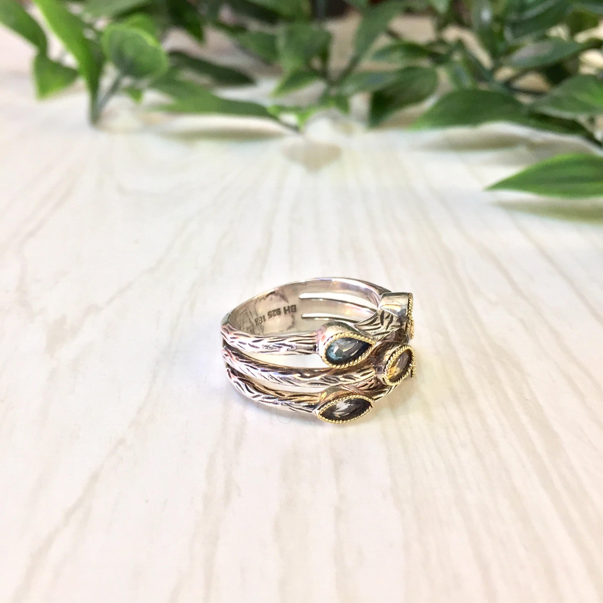 Vintage Silver Ring | Vintage Jewlery | Three Band Ring | 18 K Gold | 18K | Ruby | Amethyst | Citrine | Blue Topaz | Valentines Day | Ring