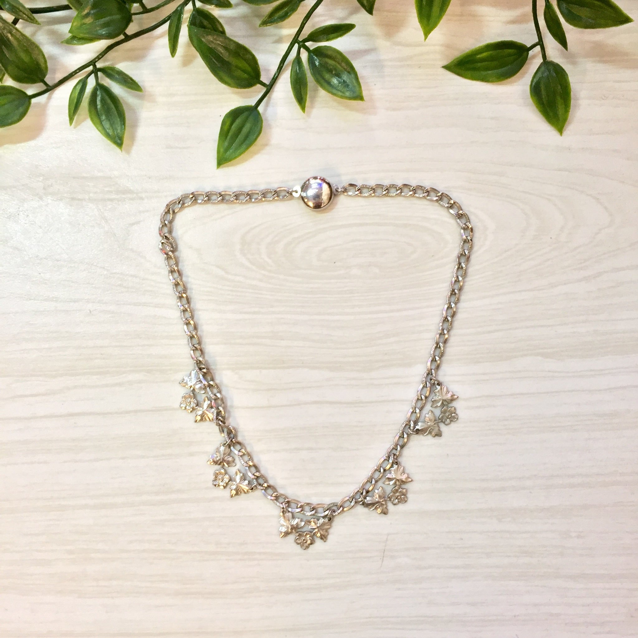 Vintage Silver Necklace | Silver Tone | Vintage Choker | Choker Necklace | Link Necklace | Flower Jewelry | Leaf | Vintage Jewelry |Necklace