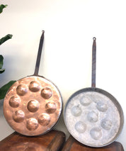 Antique pan copper poached eggs country folk art hand made home decour set vintage kitchenware kitchen