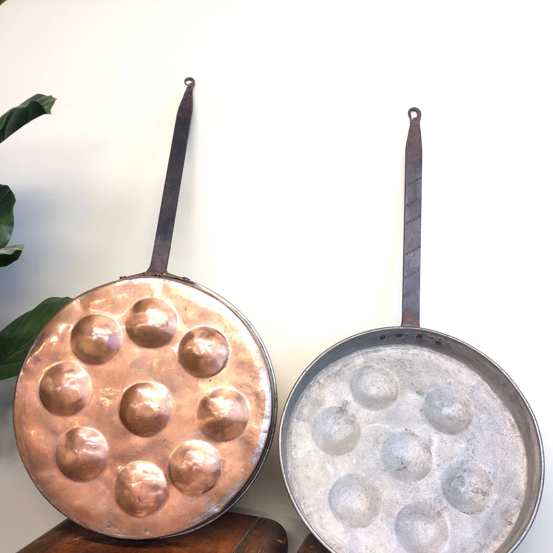 Antique pan copper poached eggs country folk art hand made home decour set vintage kitchenware kitchen