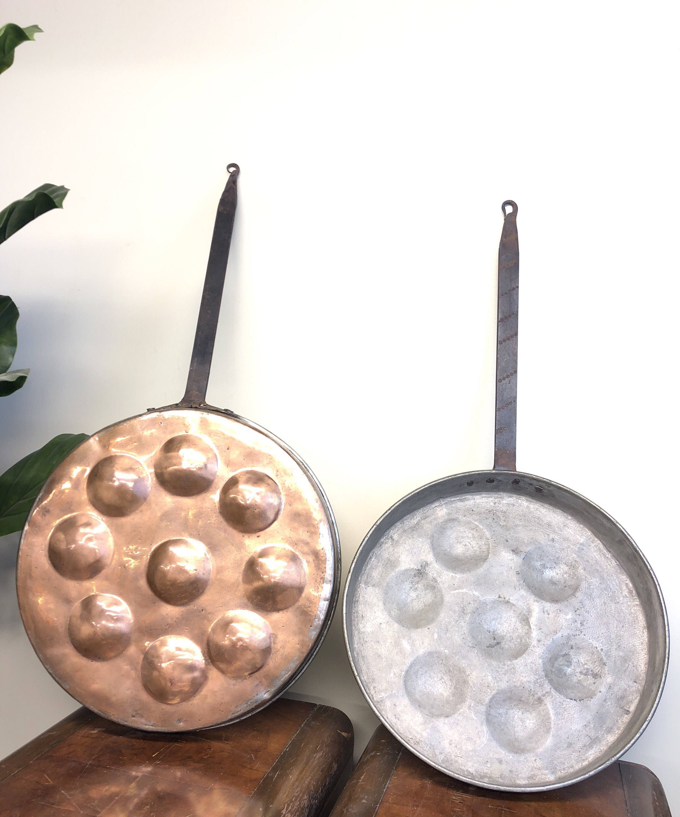 Antique pan copper poached eggs country folk art hand made home decour set vintage kitchenware kitchen