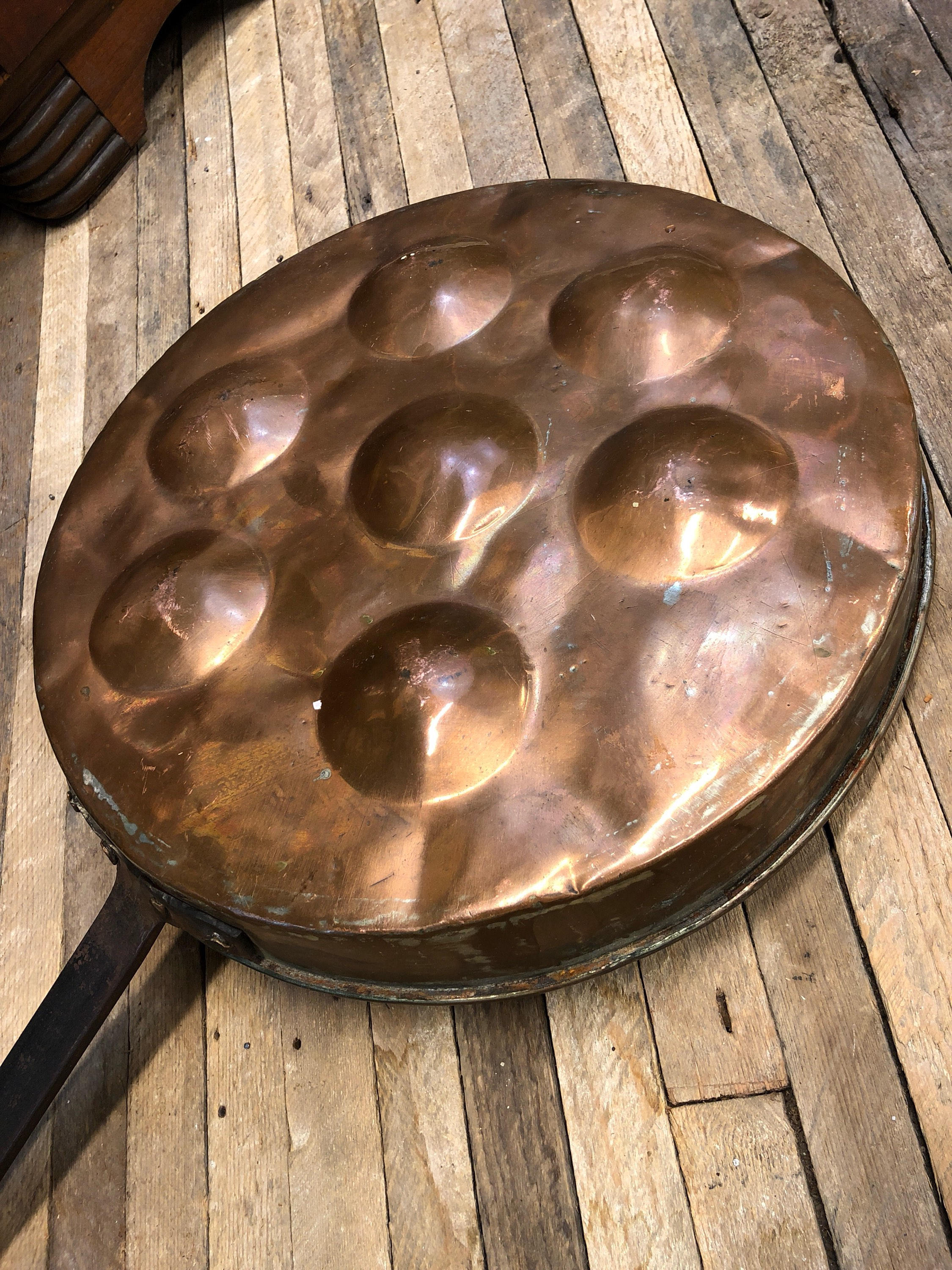 Antique pan copper poached eggs country folk art hand made home decour set vintage kitchenware kitchen