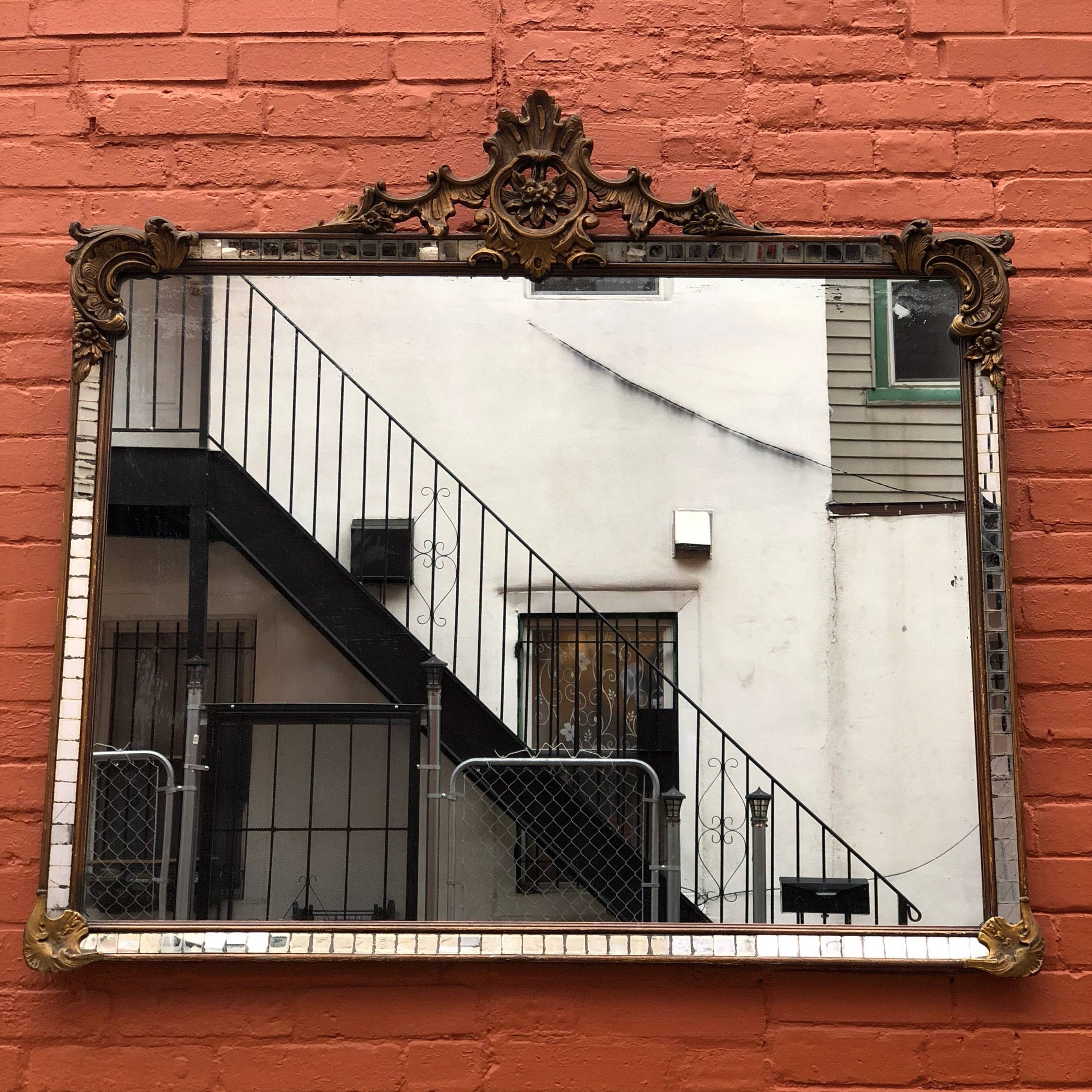 Antique mirror Gothic gilded large hole mirror vanity vintage gold wood