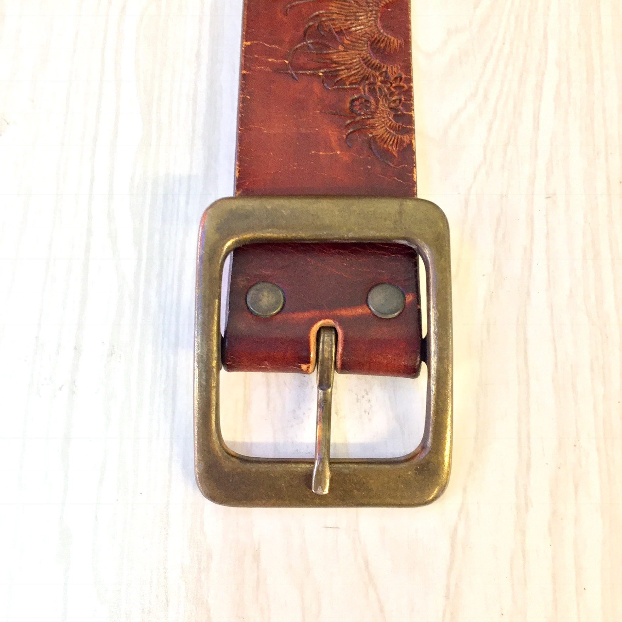 Vintage Leather Belt | Leegin Leather | Leegin Belt | Brown Leather belt | Brass Buckle | Mushroom Belt | Hippie | Bohemian | Tooled Belt |