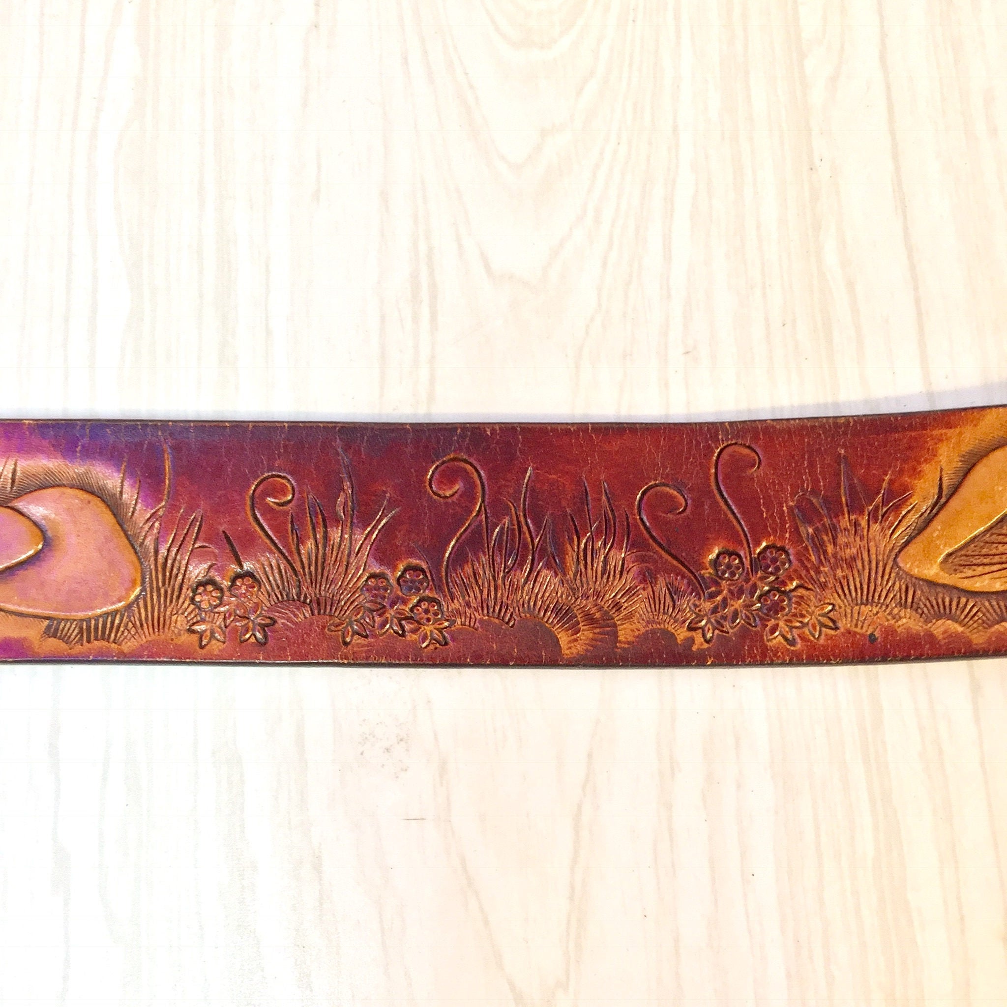 Vintage Leather Belt | Leegin Leather | Leegin Belt | Brown Leather belt | Brass Buckle | Mushroom Belt | Hippie | Bohemian | Tooled Belt |