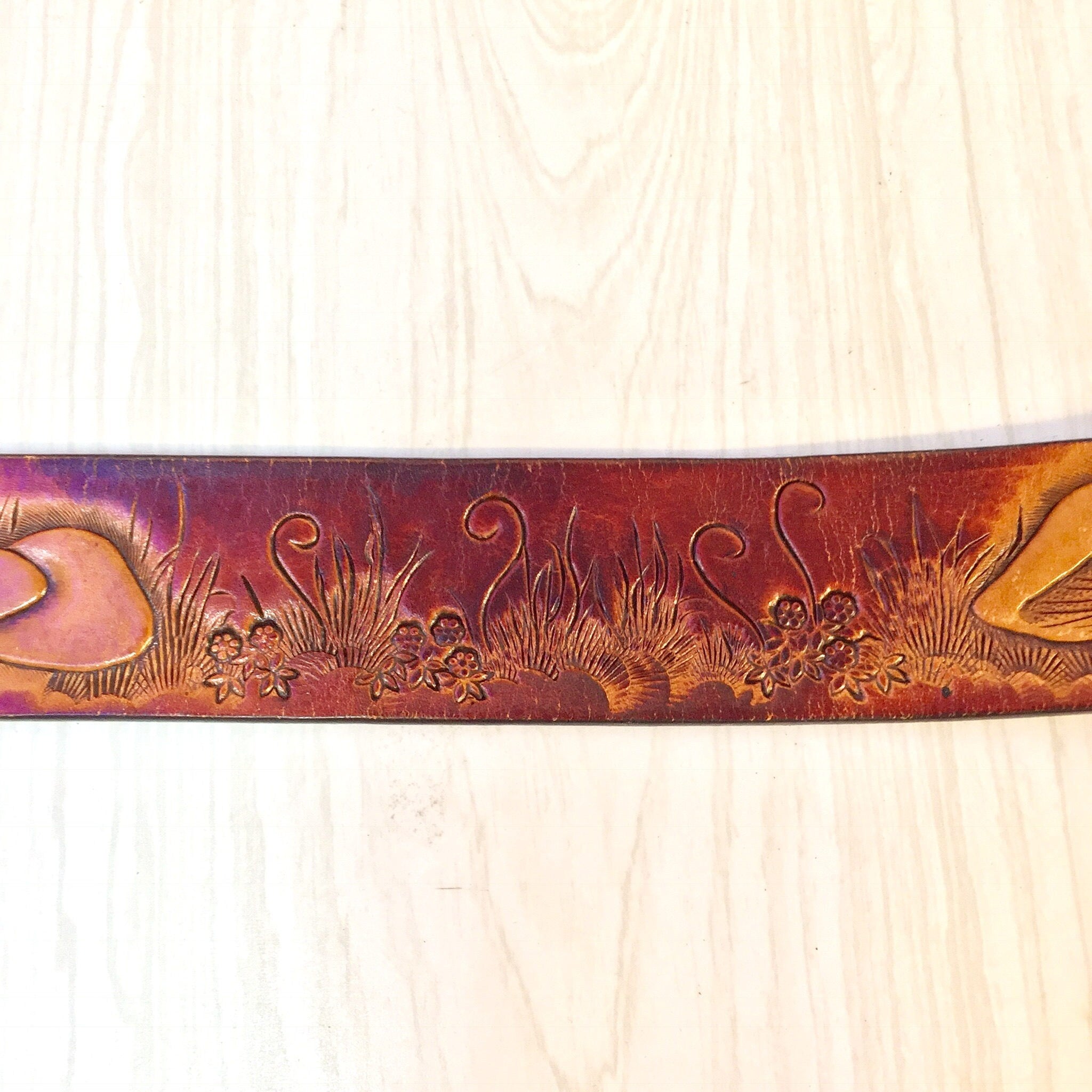 Vintage Leather Belt | Leegin Leather | Leegin Belt | Brown Leather belt | Brass Buckle | Mushroom Belt | Hippie | Bohemian | Tooled Belt |