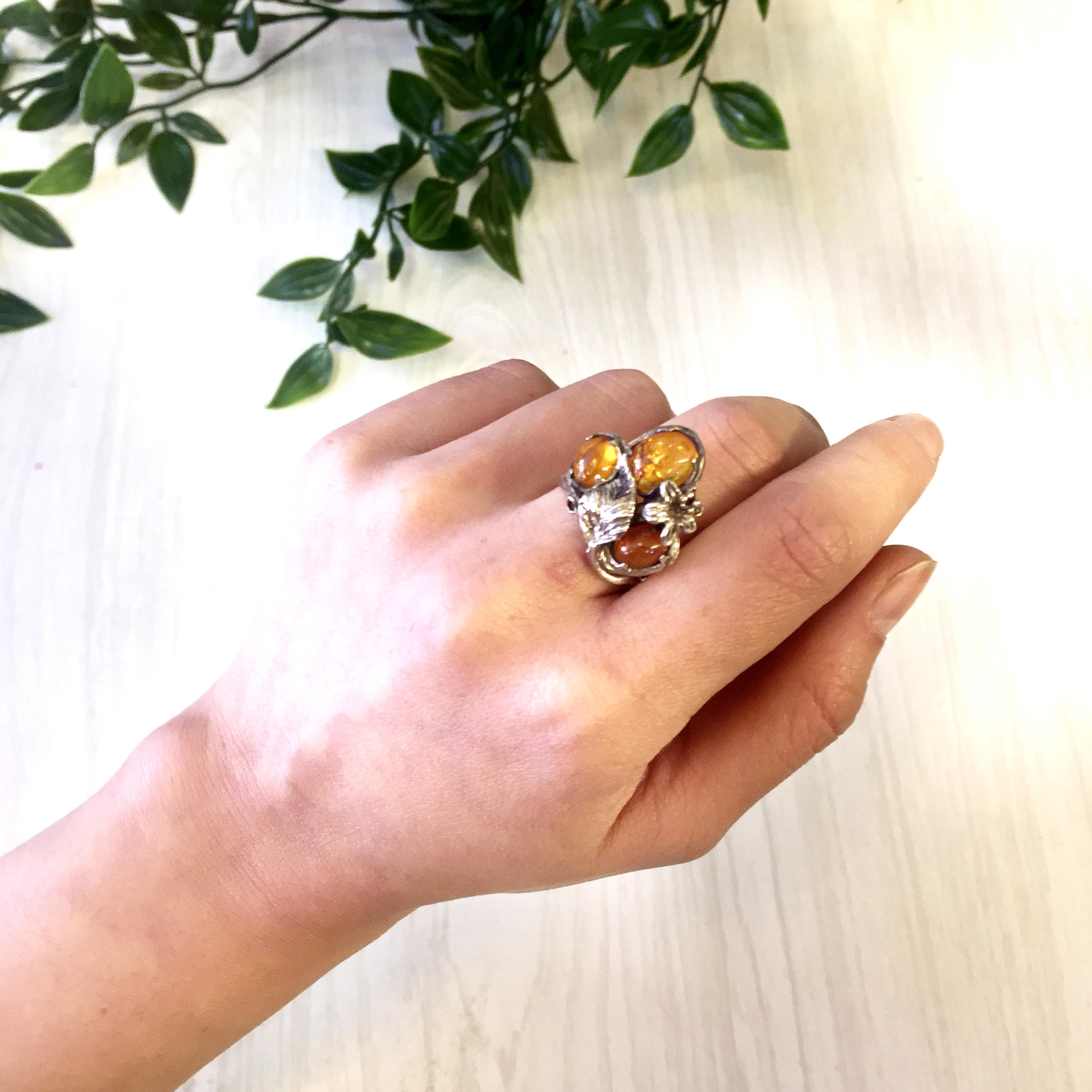 Vintage Sterling Silver Ring with Amber Stones | Leaf and Flower Ring | Amber Stones | Orange | Vintage Jewelry | Statement Ring | Gift