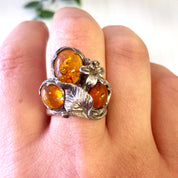 Vintage Sterling Silver Ring with Amber Stones | Leaf and Flower Ring | Amber Stones | Orange | Vintage Jewelry | Statement Ring | Gift
