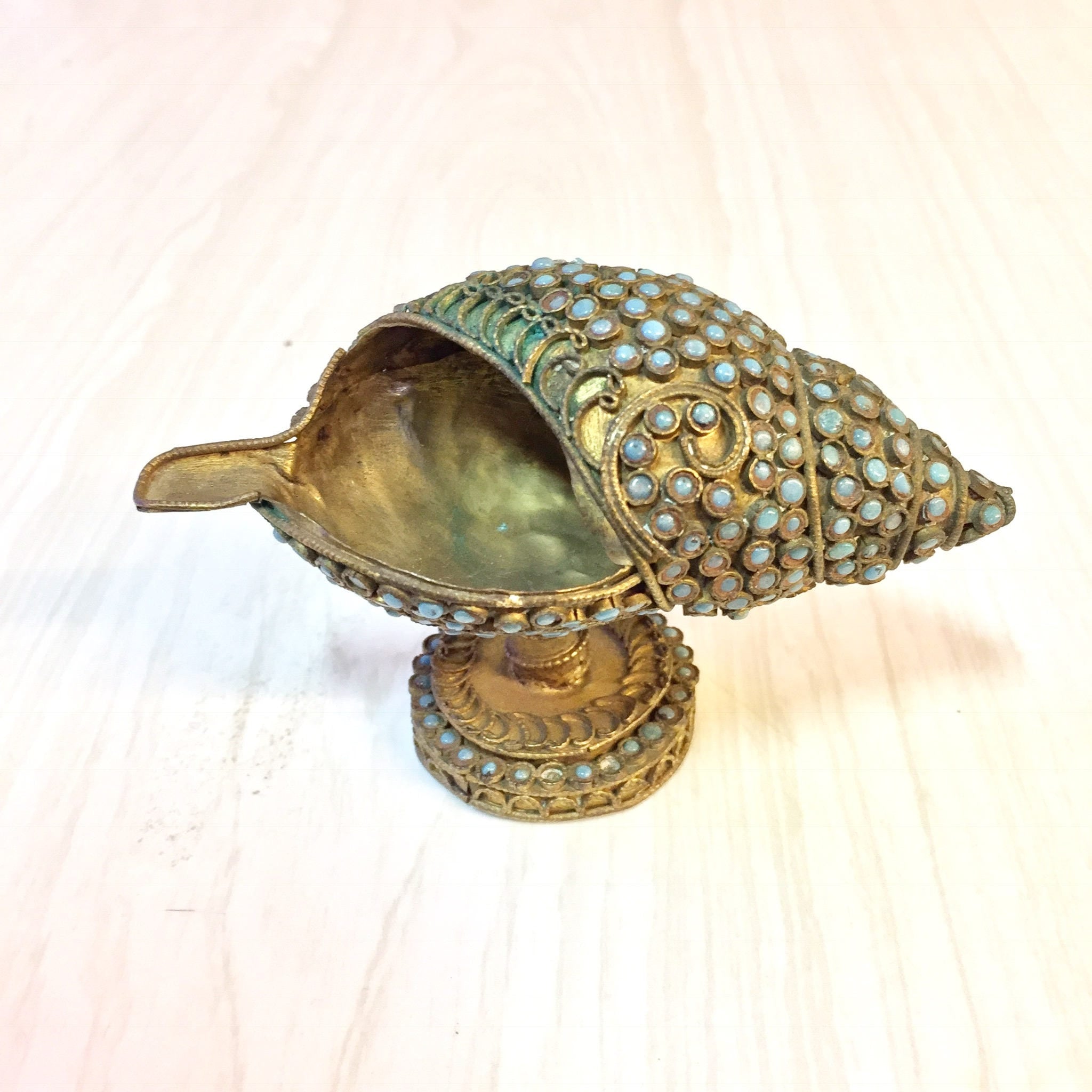 Brass Shell Ashtray | Vintage Ashtray | Brass | Vintage Home Decor | Turquoise Beads | Pedestal | Small Ashtray | Catch All Dish | Bohemian