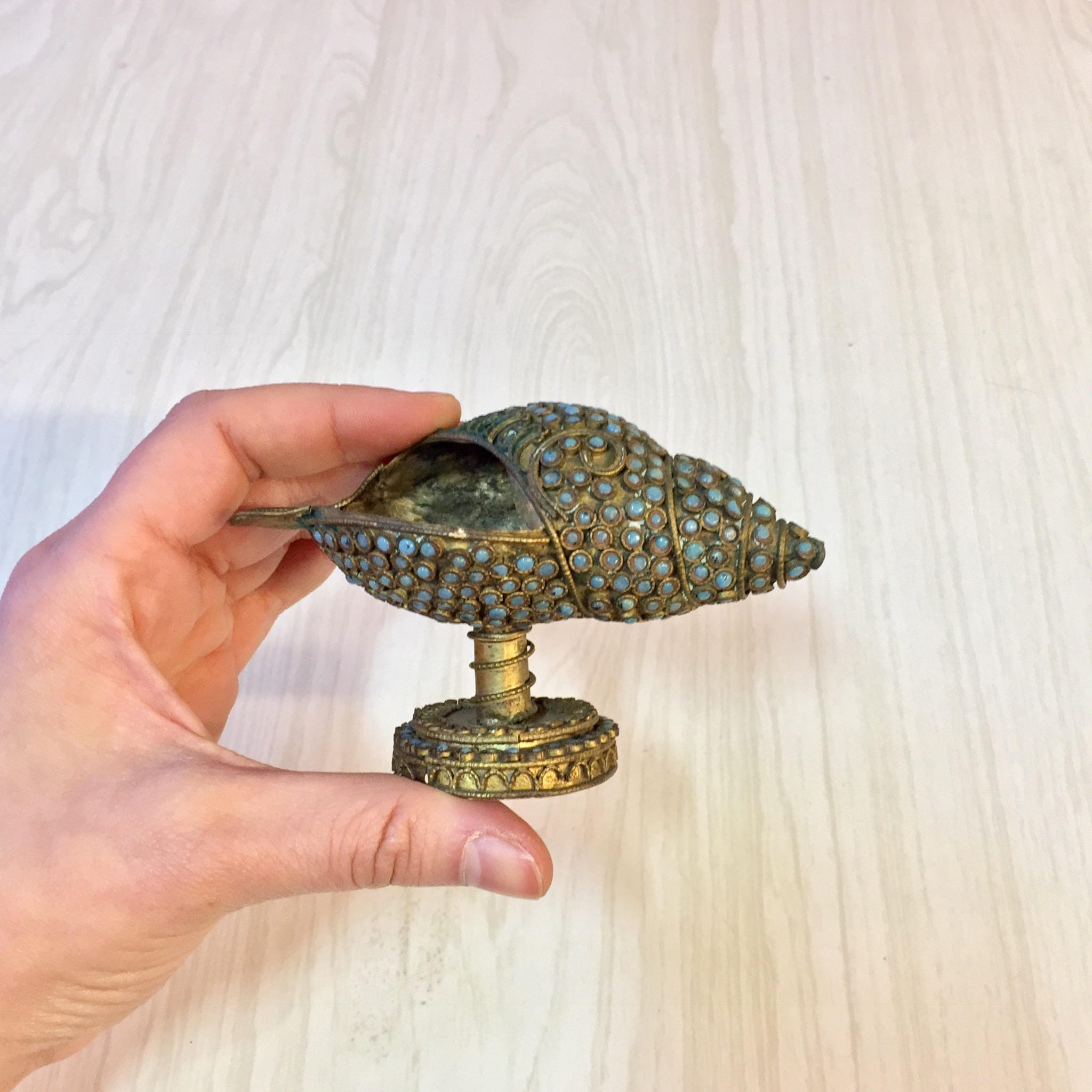 Brass Shell Ashtray | Vintage Ashtray | Brass | Vintage Home Decor | Turquoise Beads | Pedestal | Small Ashtray | Catch All Dish | Bohemian