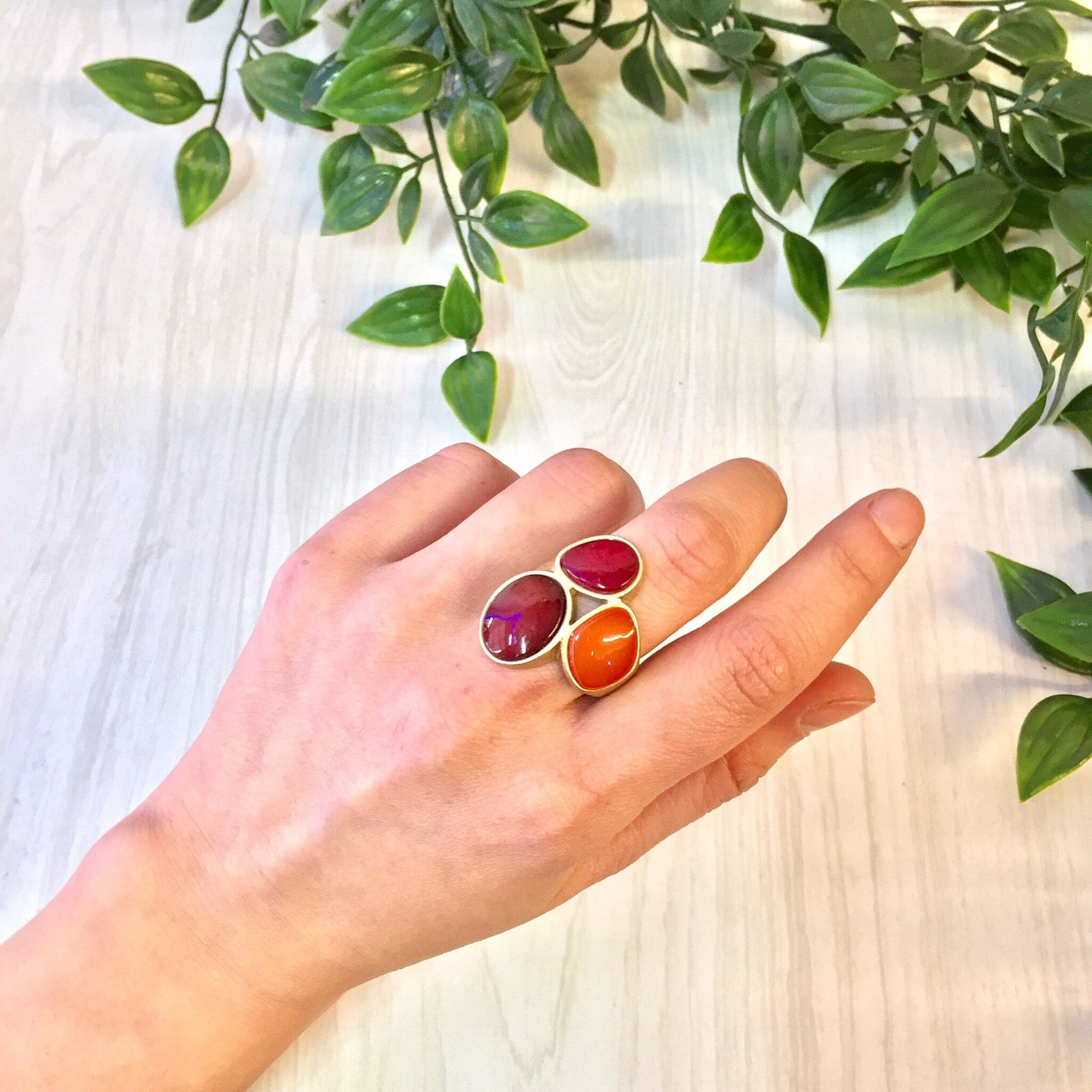 Vintage Cocktail Ring | Gold Tone Ring | Costume Jewelry | Vintage Jewelry | Red | Pink | Orange | Gold | Valentines Day | Statement Ring