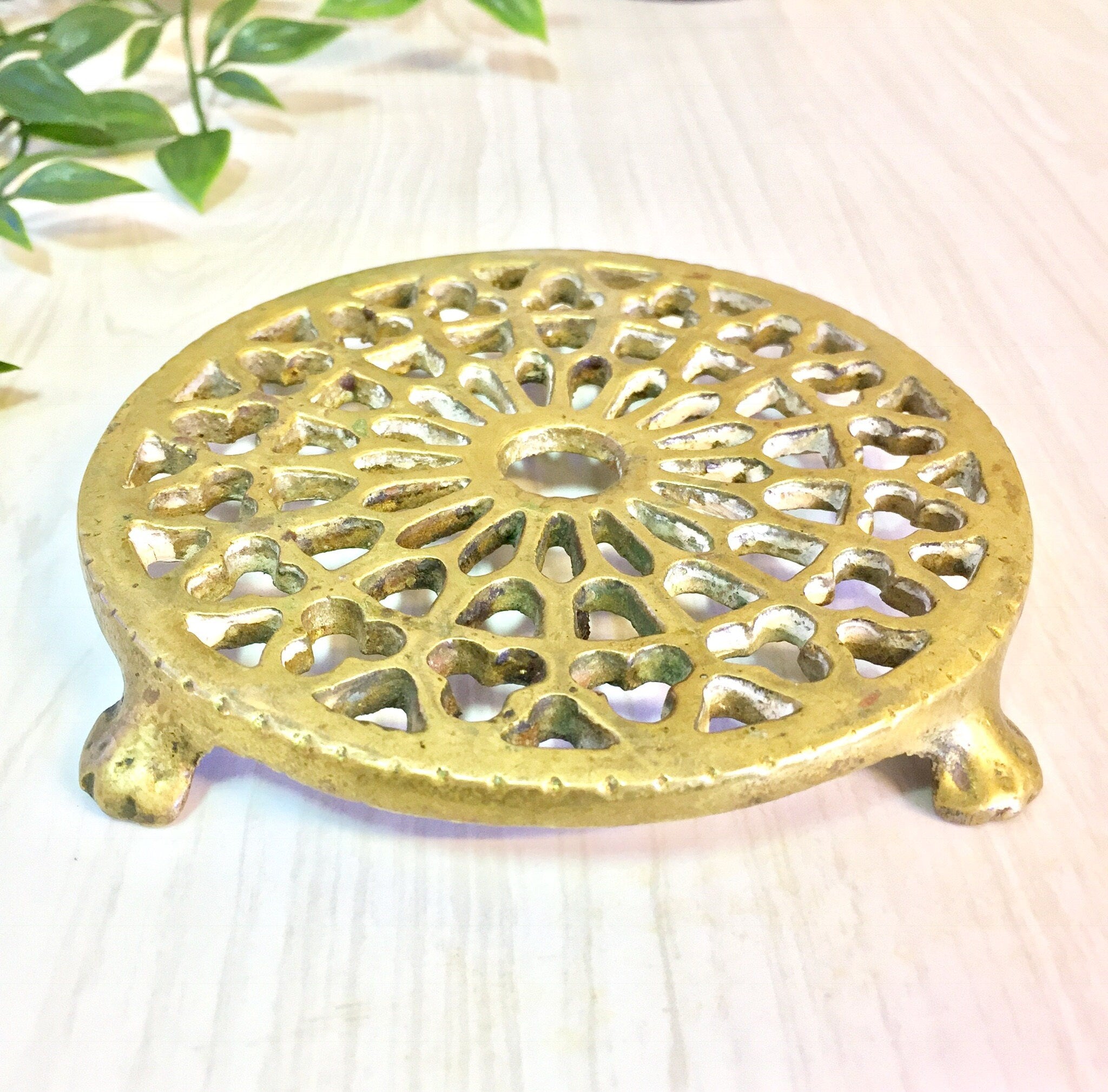 Vintage Brass Trivet | Vintage Home Decor | Trivet | Vintage Kitchen | Brass | Pedestal | Ornate Trivet | Decorative Brass | Mandala |