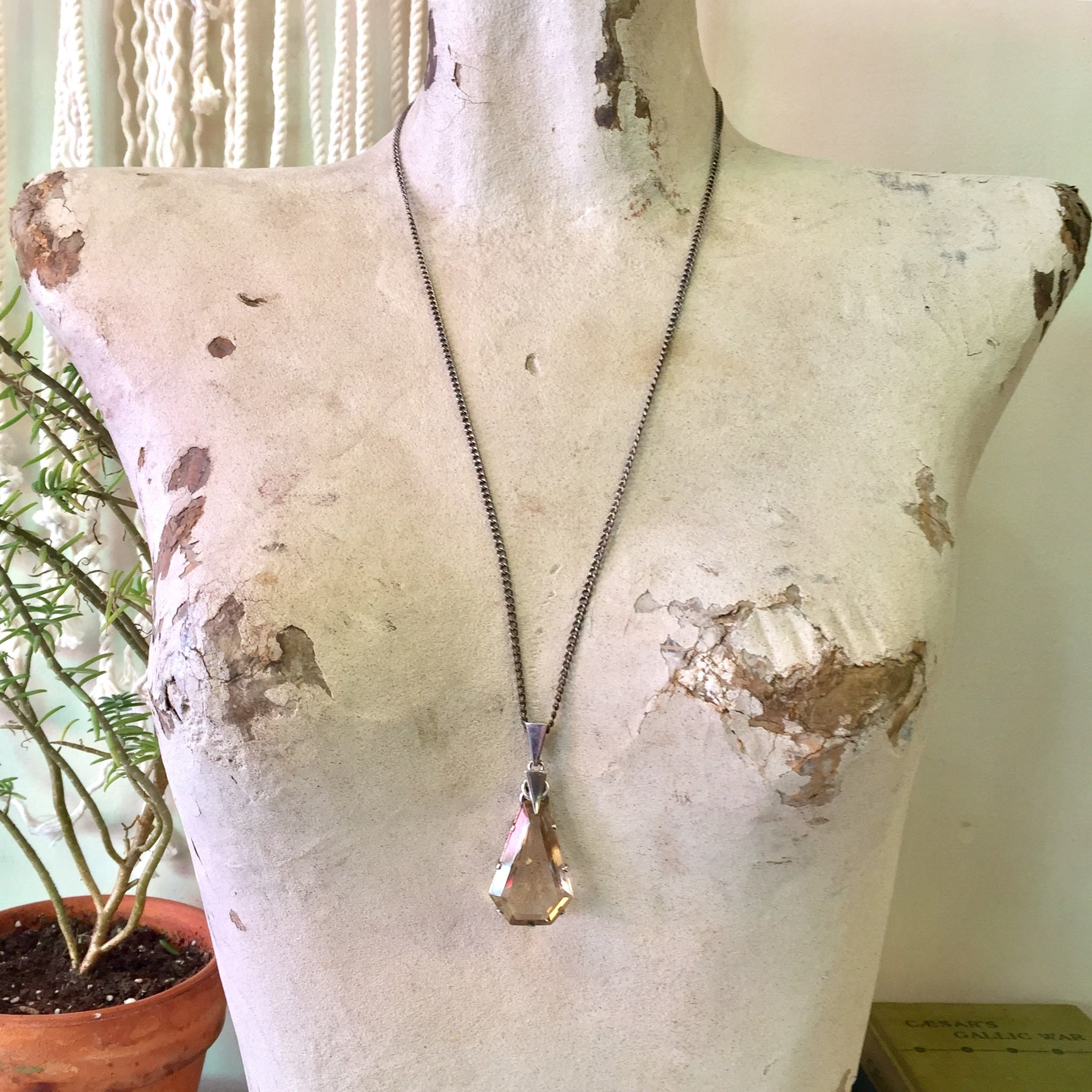Art Deco Style Necklace with Smoky Quartz Pendant | Large Smoky Quartz Pendant | Vintage Jewelry | Long Chain Necklace | Holiday Gift Idea