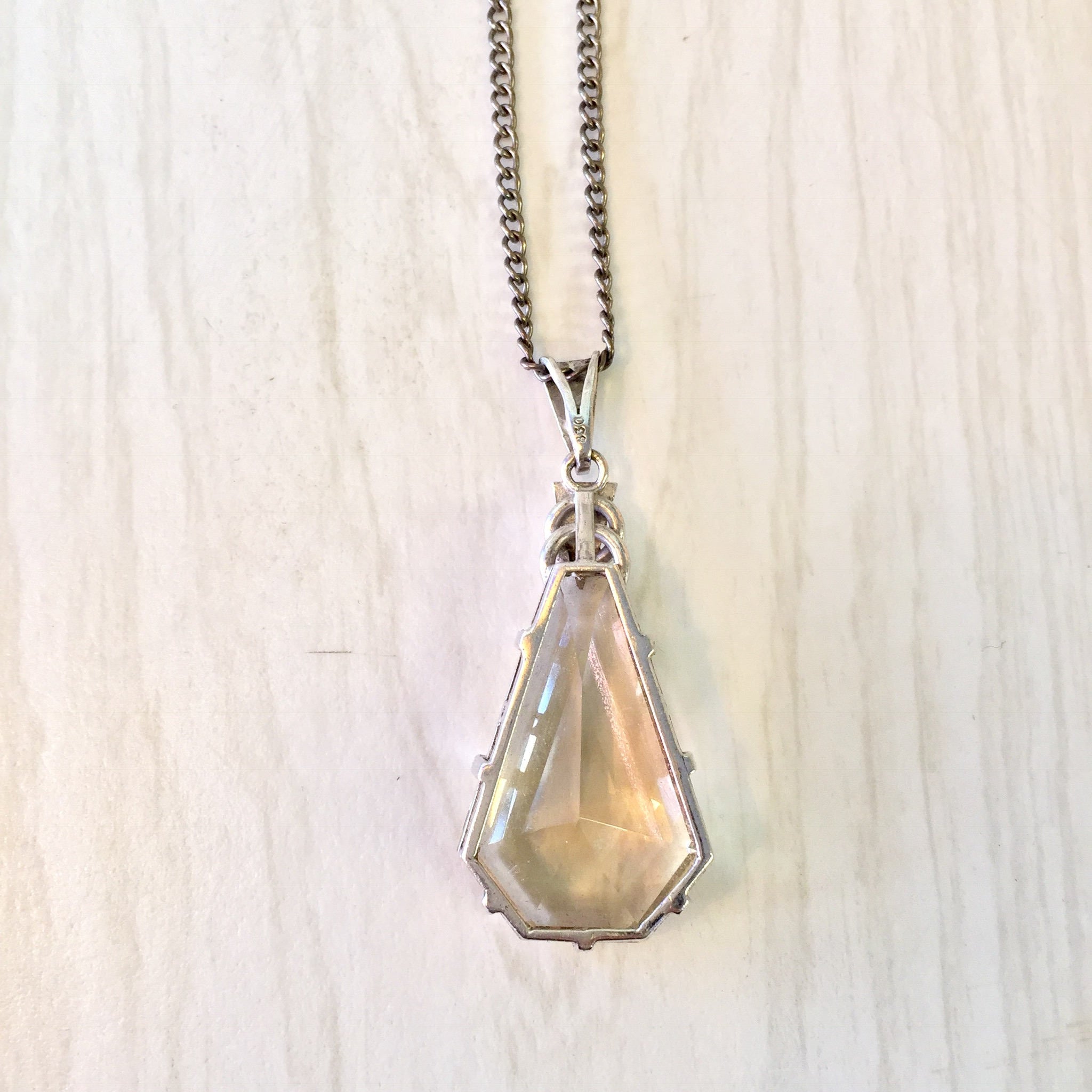 Art Deco Style Necklace with Smoky Quartz Pendant | Large Smoky Quartz Pendant | Vintage Jewelry | Long Chain Necklace | Holiday Gift Idea
