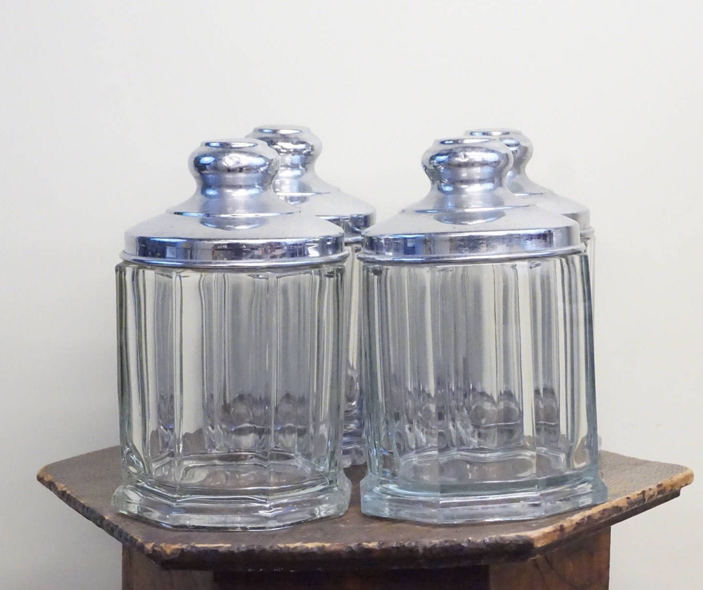 Vintage Leaded Glass Apothecary Jars with Metal Lid | Apothecary Jars | Set of Four | Antique Pharmacy Jars | Retro Home Decor | Multi Use