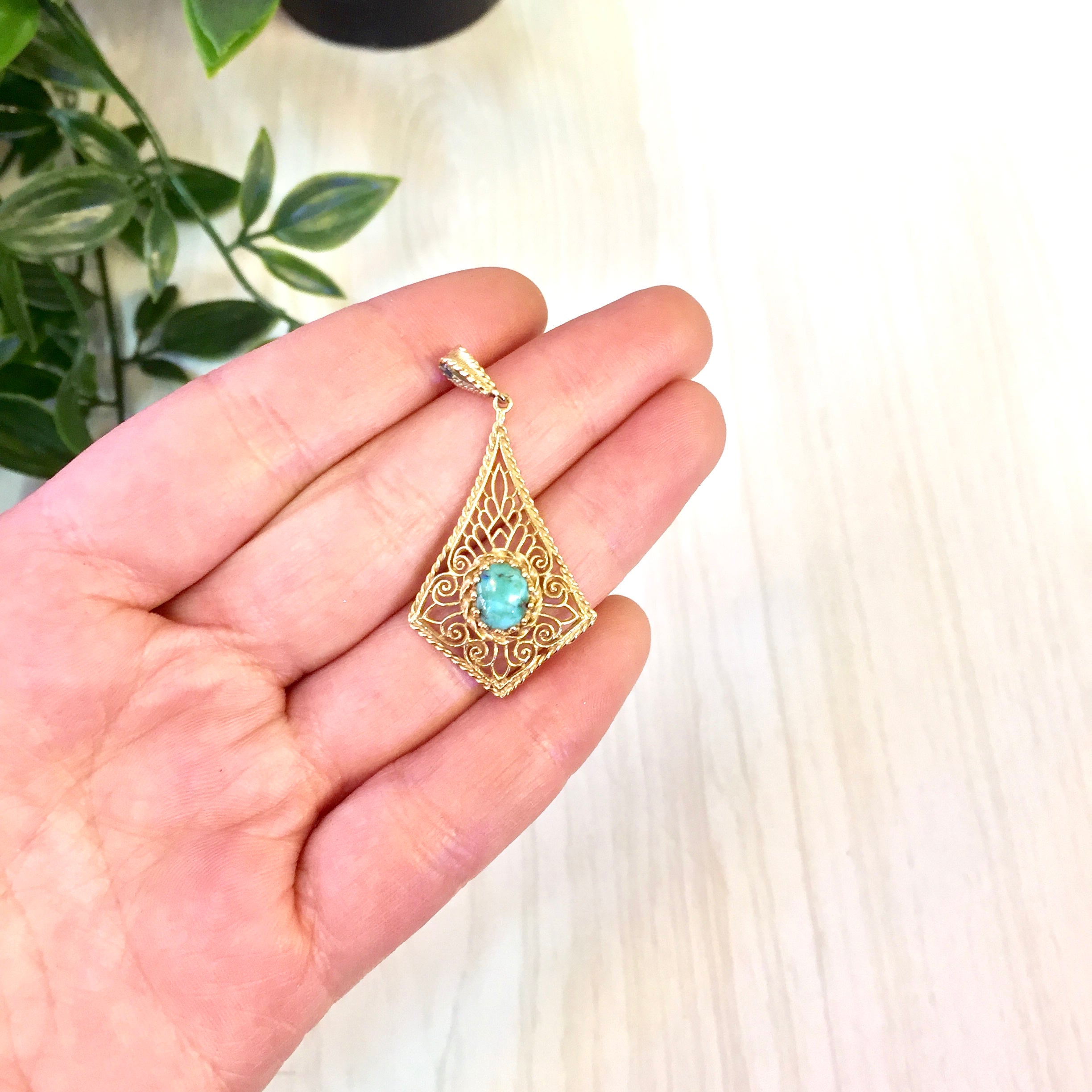 14K Yellow Gold and Turquoise Pendant | Vintage Gold Pendant | Turquoise Jewelry | 14 Karat Yellow Gold | Filagree Pendant | Fine Jewelry
