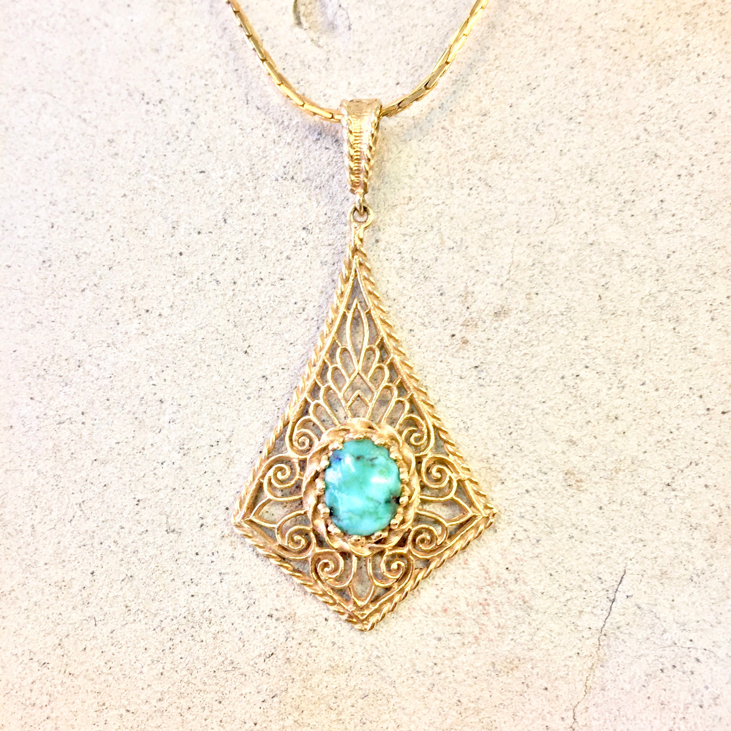 14K Yellow Gold and Turquoise Pendant | Vintage Gold Pendant | Turquoise Jewelry | 14 Karat Yellow Gold | Filagree Pendant | Fine Jewelry