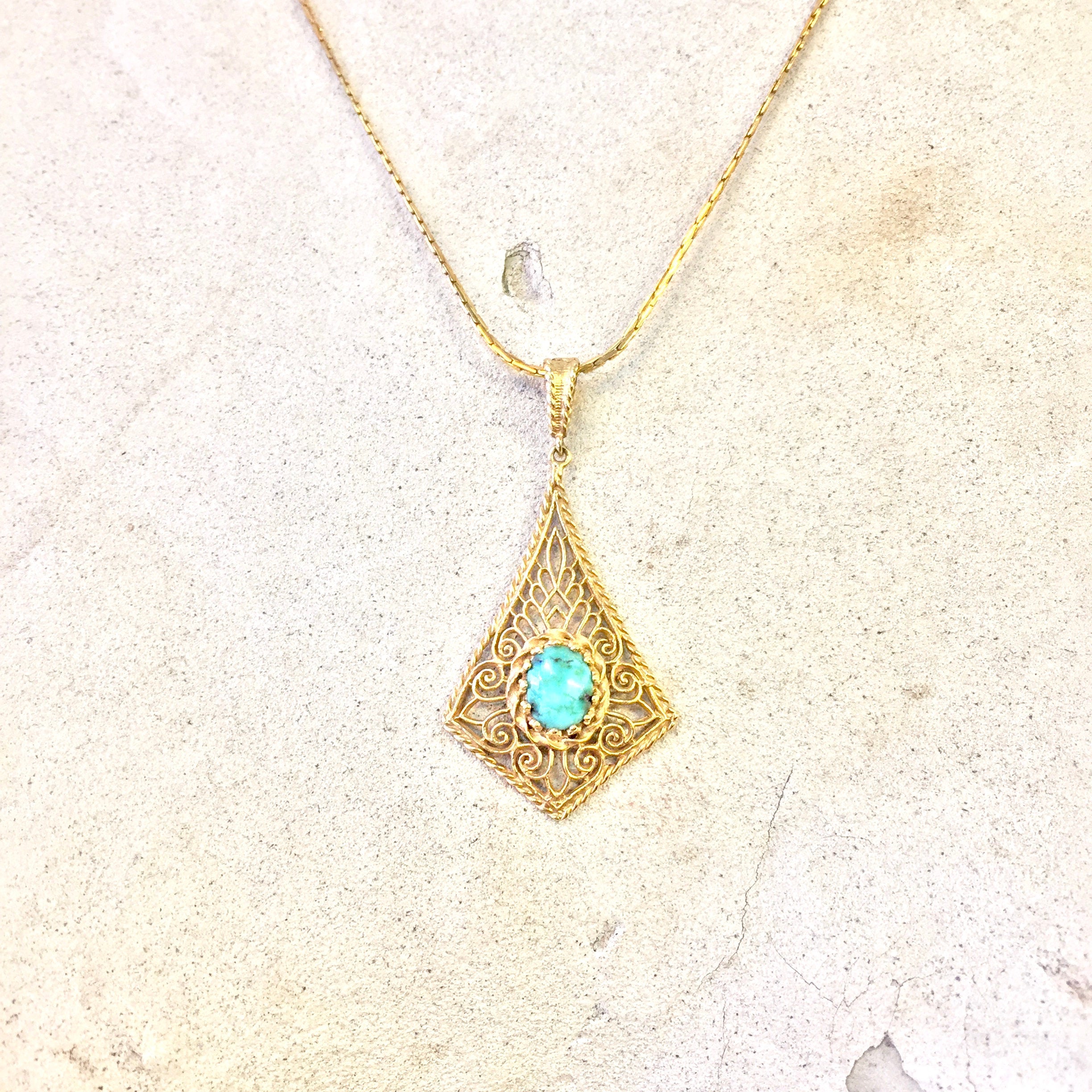 14K Yellow Gold and Turquoise Pendant | Vintage Gold Pendant | Turquoise Jewelry | 14 Karat Yellow Gold | Filagree Pendant | Fine Jewelry
