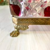 Vintage Leaded Glass Box with Lock | Glass Jewelry Box with Lock | Box With Brass Detail | Brass Foot Box | Red Box | Cut Glass | Gift Idea
