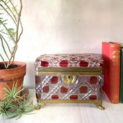 Vintage Leaded Glass Box with Lock | Glass Jewelry Box with Lock | Box With Brass Detail | Brass Foot Box | Red Box | Cut Glass | Gift Idea
