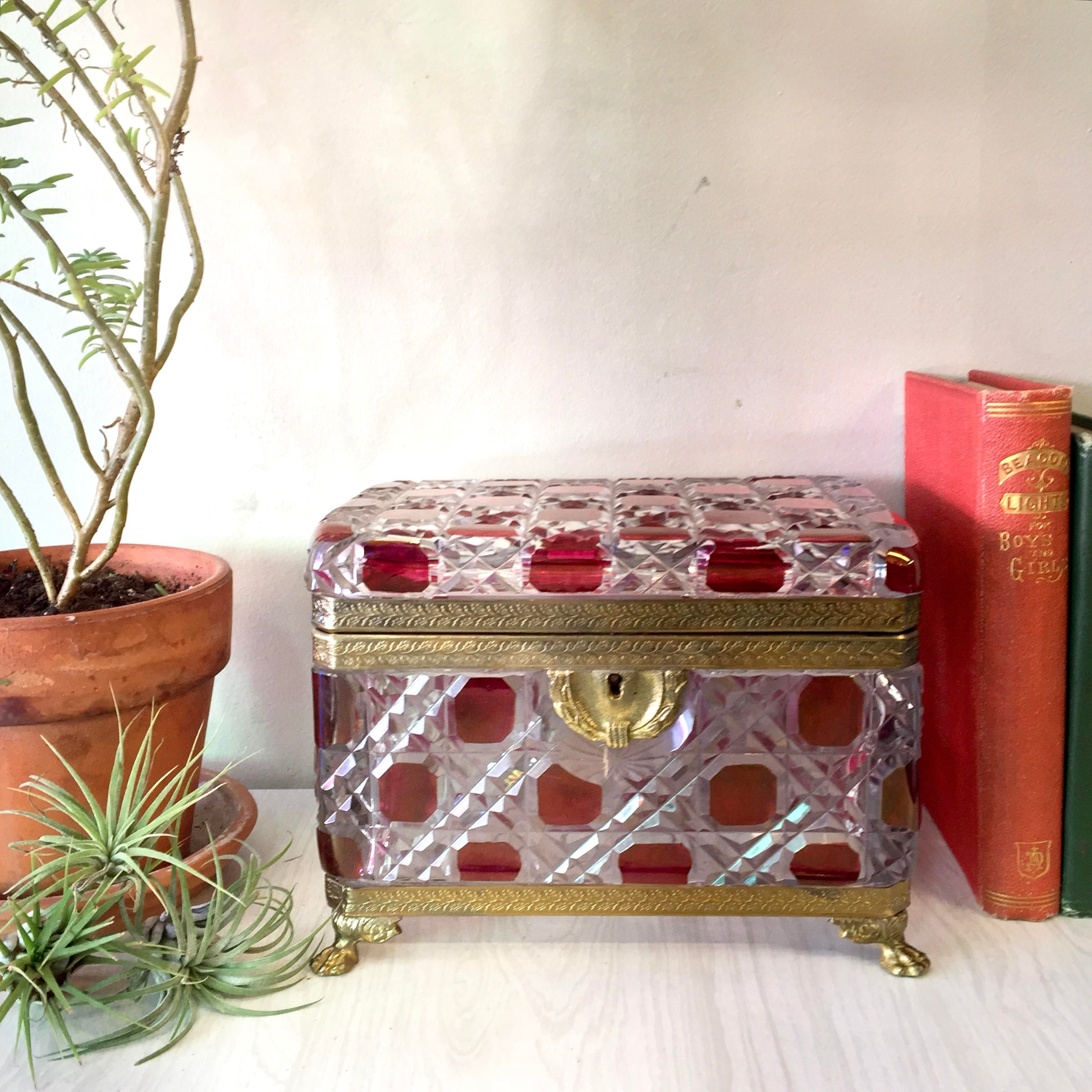 Vintage Leaded Glass Box with Lock | Glass Jewelry Box with Lock | Box With Brass Detail | Brass Foot Box | Red Box | Cut Glass | Gift Idea