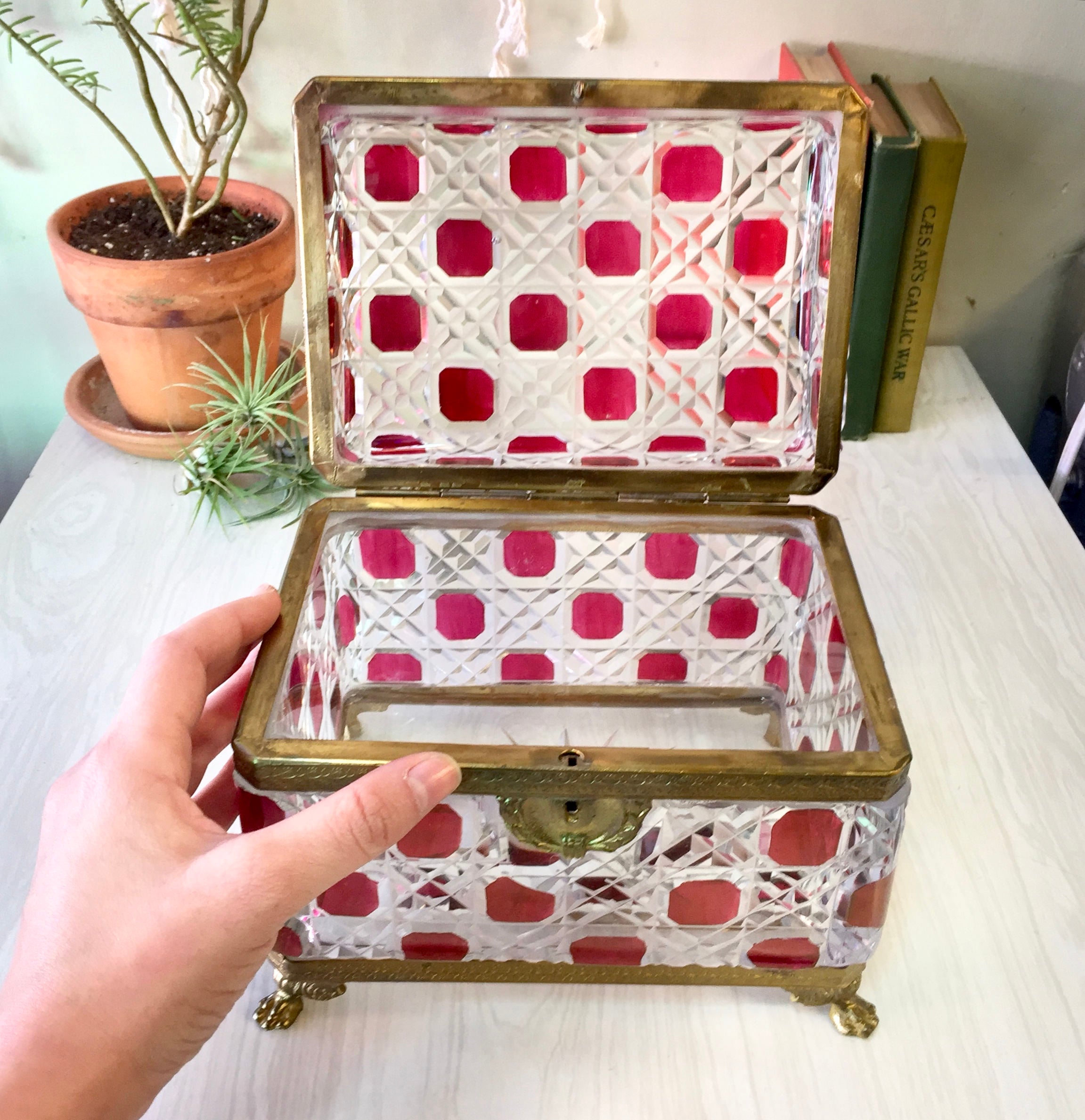 Vintage Leaded Glass Box with Lock | Glass Jewelry Box with Lock | Box With Brass Detail | Brass Foot Box | Red Box | Cut Glass | Gift Idea