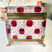 Vintage Leaded Glass Box with Lock | Glass Jewelry Box with Lock | Box With Brass Detail | Brass Foot Box | Red Box | Cut Glass | Gift Idea