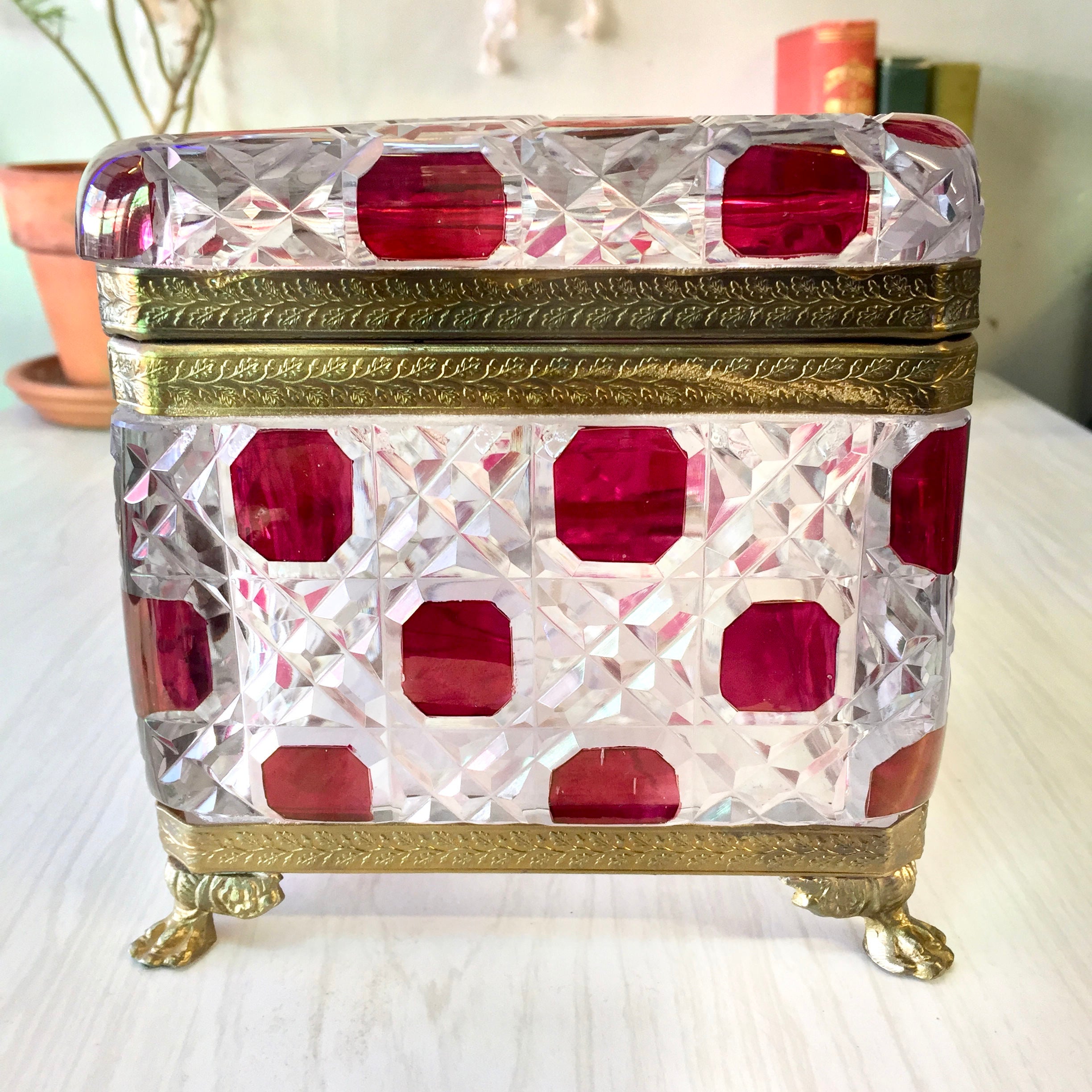 Vintage Leaded Glass Box with Lock | Glass Jewelry Box with Lock | Box With Brass Detail | Brass Foot Box | Red Box | Cut Glass | Gift Idea