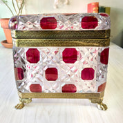 Vintage Leaded Glass Box with Lock | Glass Jewelry Box with Lock | Box With Brass Detail | Brass Foot Box | Red Box | Cut Glass | Gift Idea