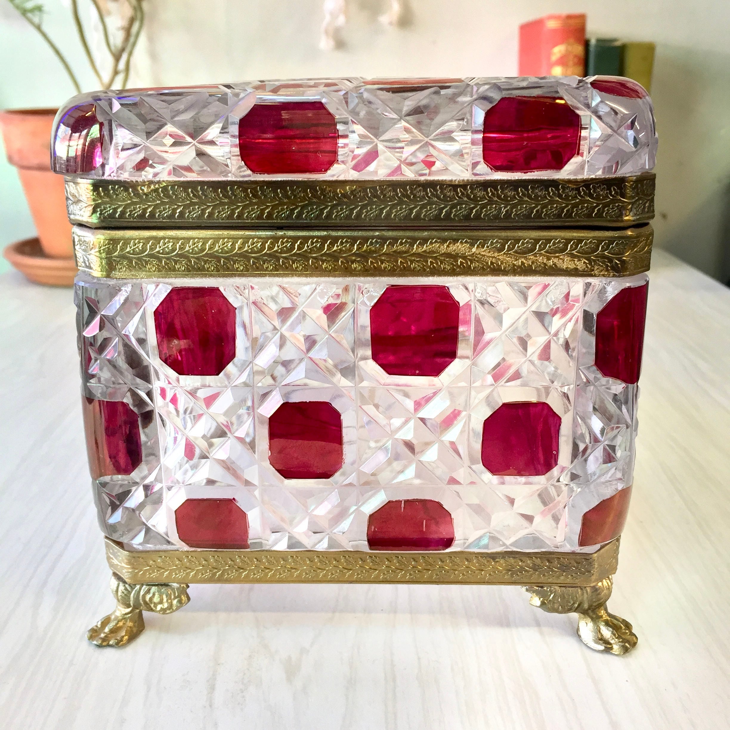 Vintage Leaded Glass Box with Lock | Glass Jewelry Box with Lock | Box With Brass Detail | Brass Foot Box | Red Box | Cut Glass | Gift Idea
