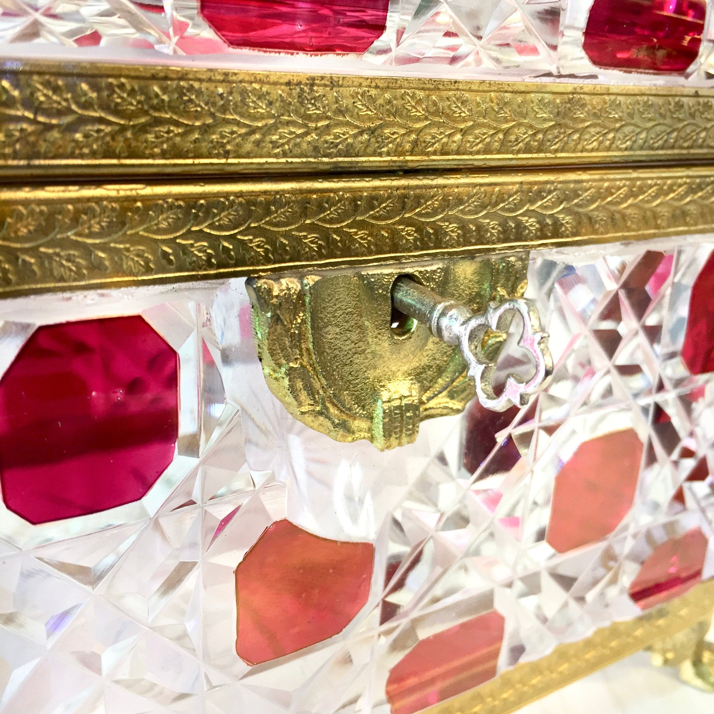 Vintage Leaded Glass Box with Lock | Glass Jewelry Box with Lock | Box With Brass Detail | Brass Foot Box | Red Box | Cut Glass | Gift Idea